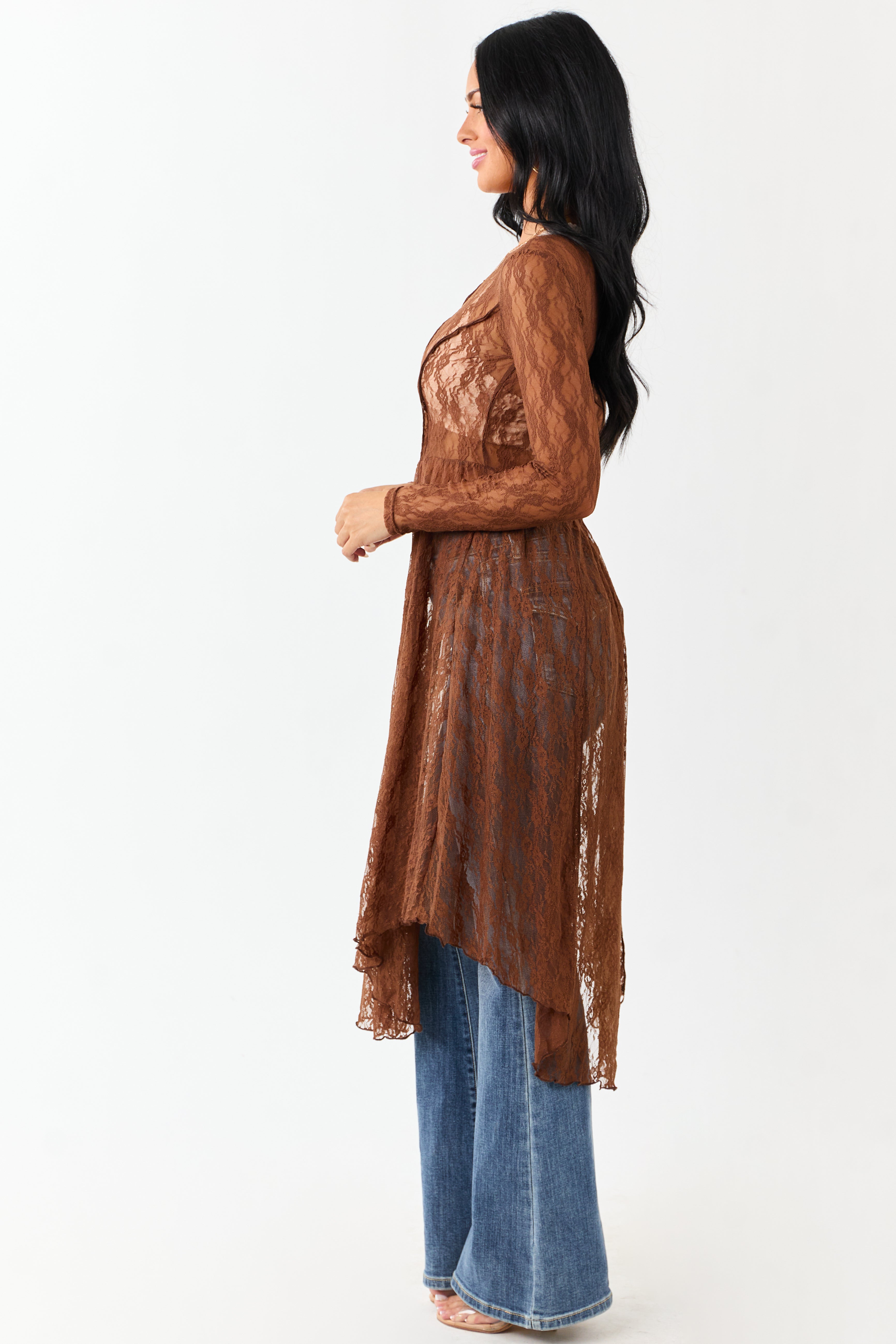 Listicle Sepia Sheer Floral Mesh Lace Midi Dress