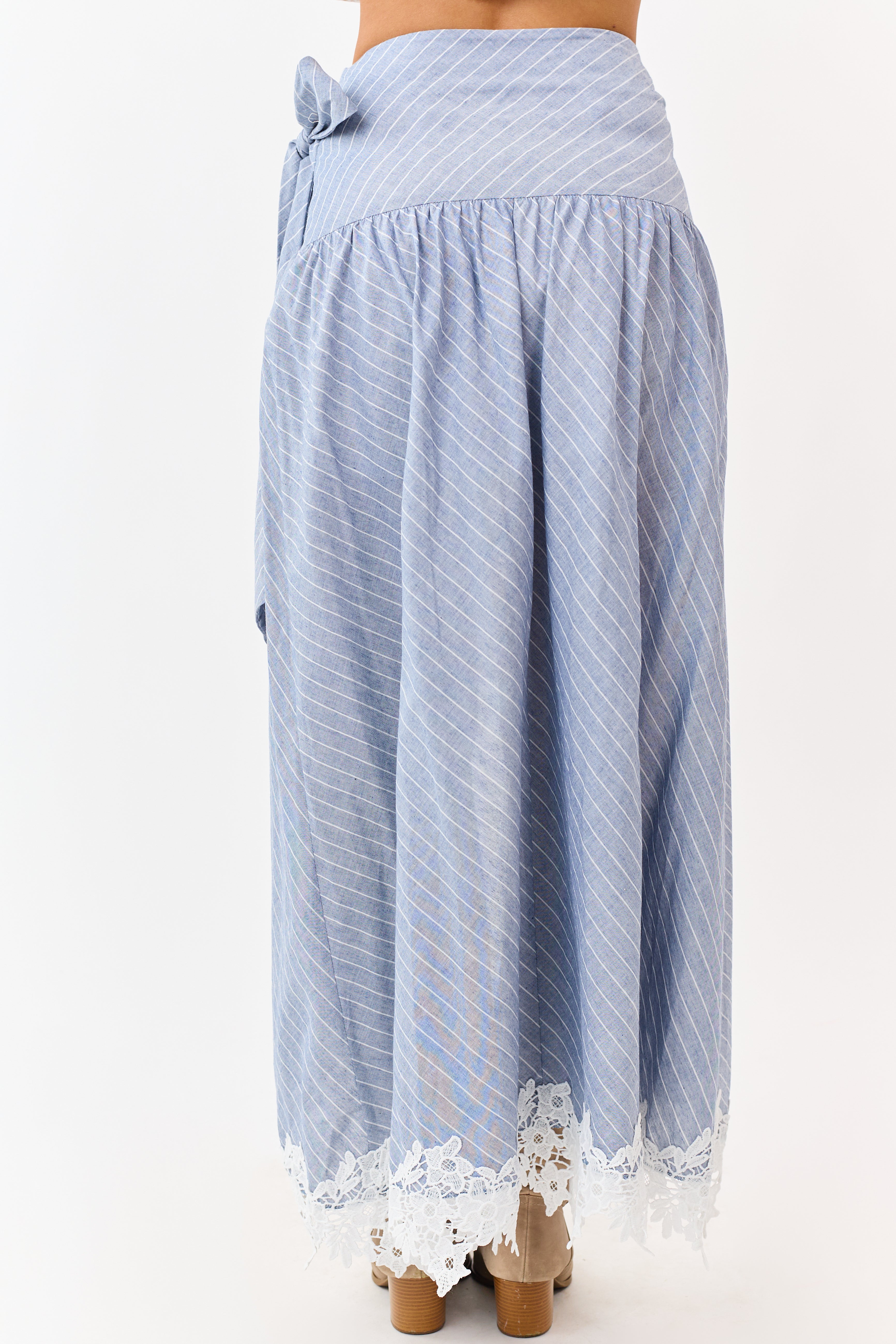 Listicle Slate Blue Striped Lace Trim Cotton Maxi Skirt