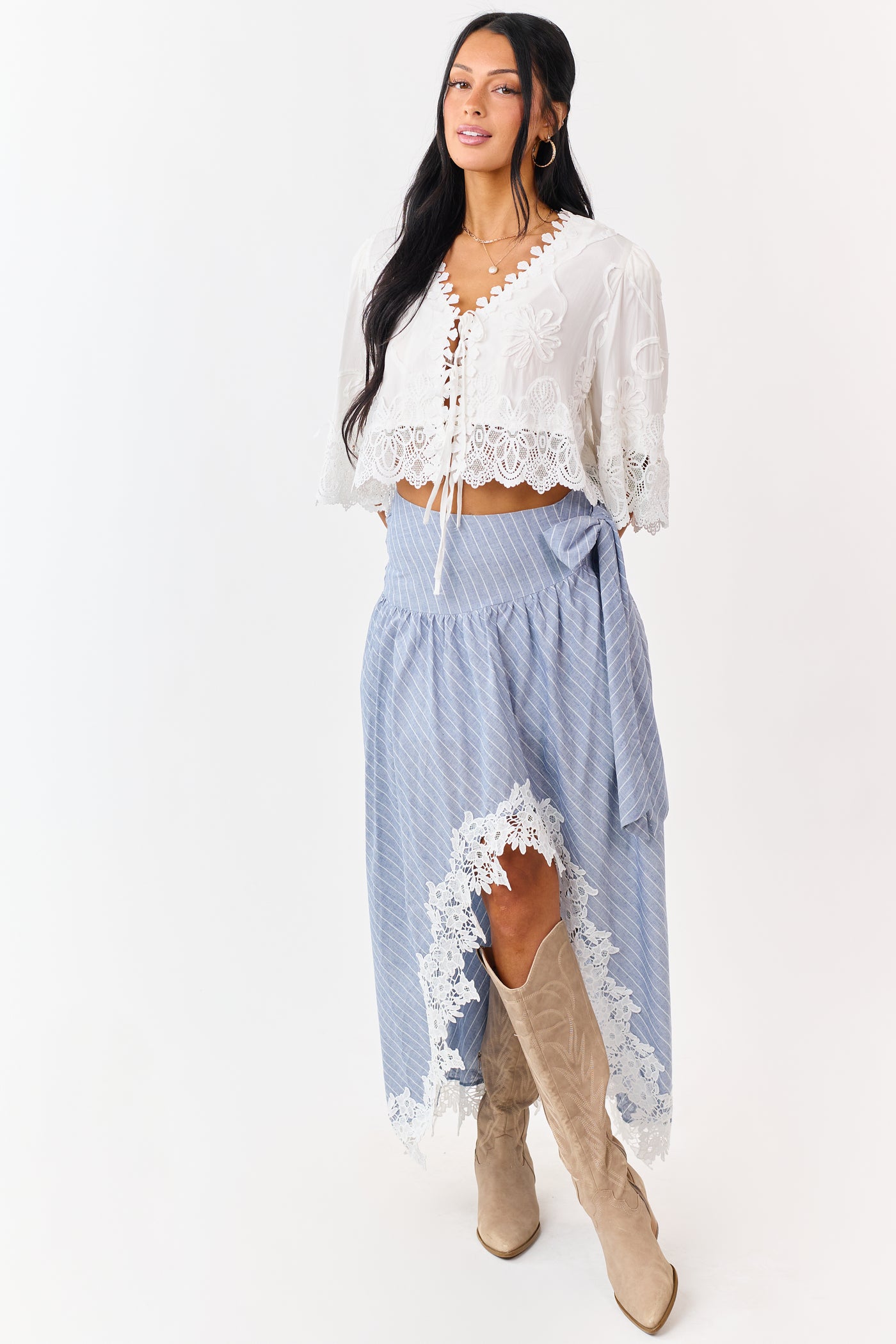 Listicle Slate Blue Striped Lace Trim Cotton Maxi Skirt