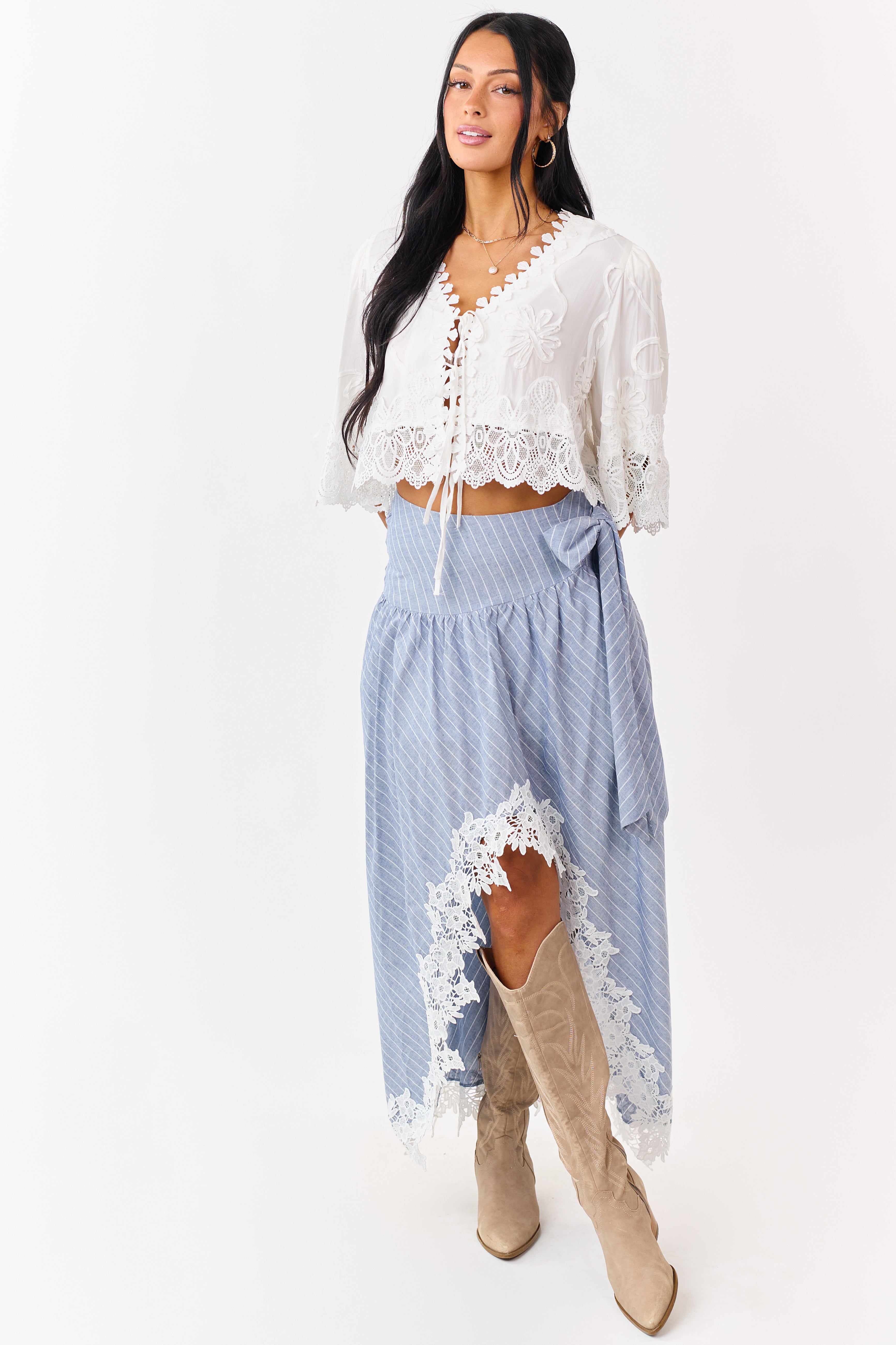 Listicle Slate Blue Striped Lace Trim Cotton Maxi Skirt