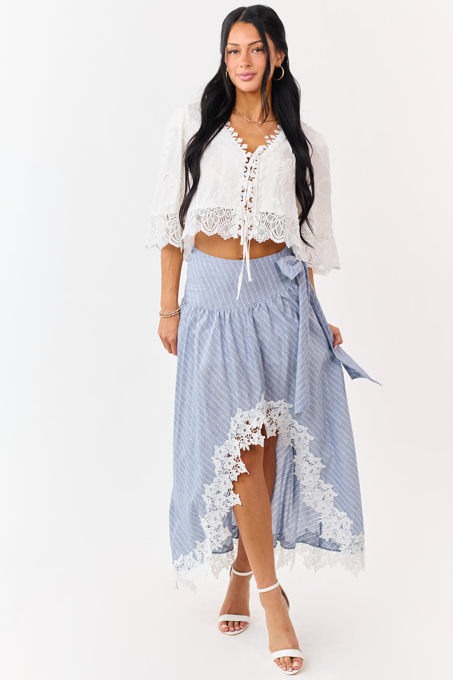 Listicle Slate Blue Striped Lace Trim Cotton Maxi Skirt
