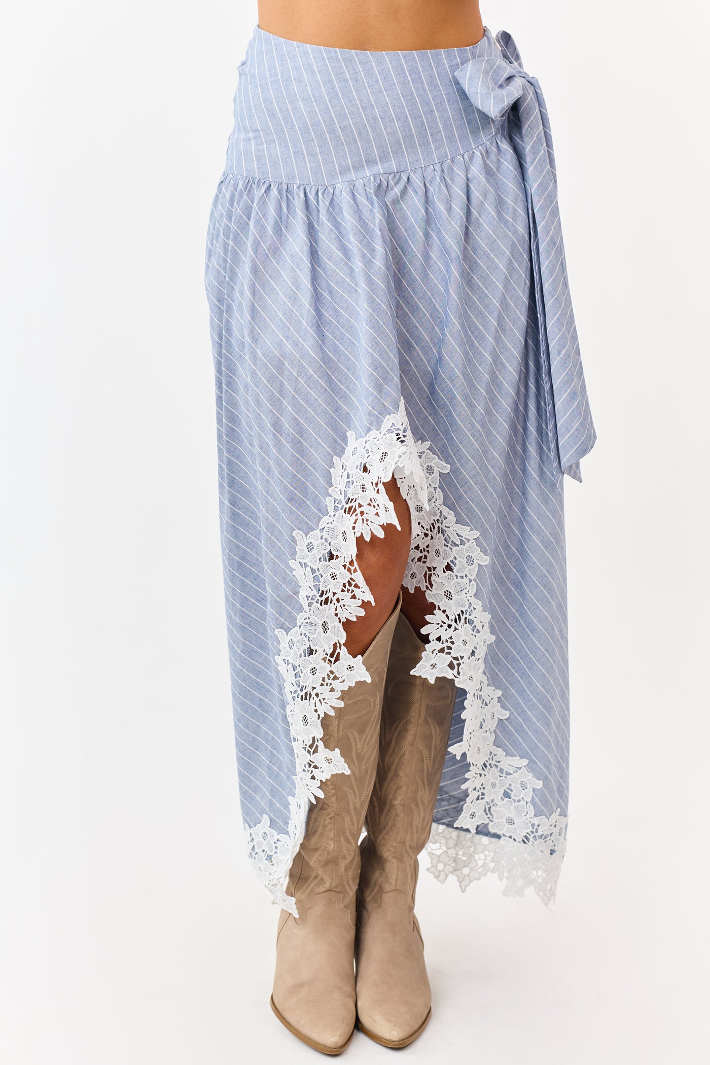 Listicle Slate Blue Striped Lace Trim Cotton Maxi Skirt