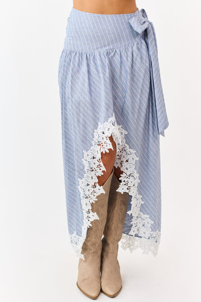 Listicle Slate Blue Striped Lace Trim Cotton Maxi Skirt