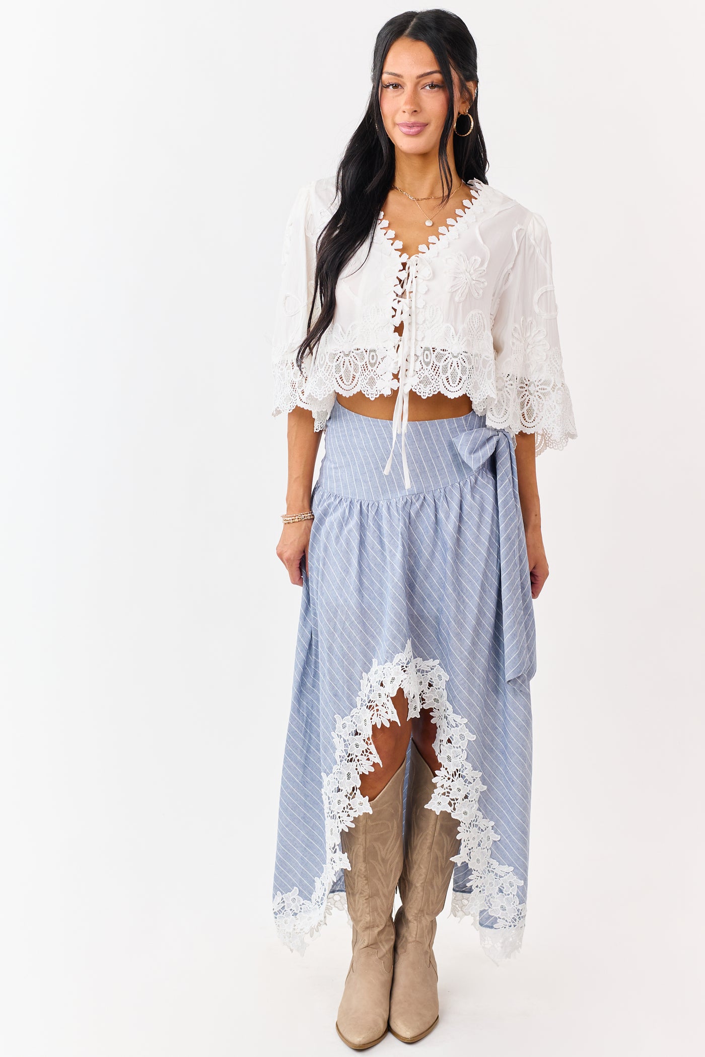 Listicle Slate Blue Striped Lace Trim Cotton Maxi Skirt