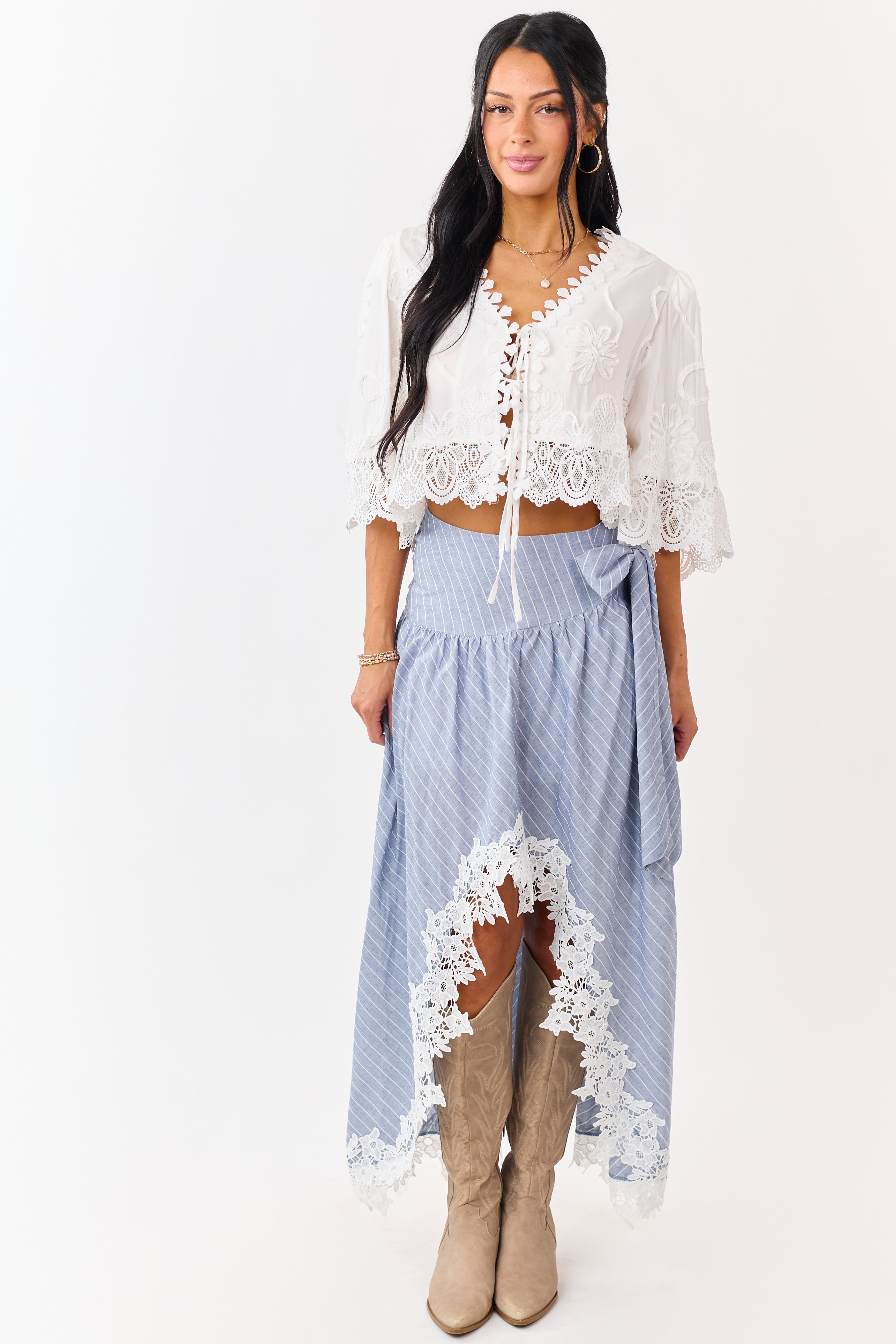 Listicle Slate Blue Striped Lace Trim Cotton Maxi Skirt