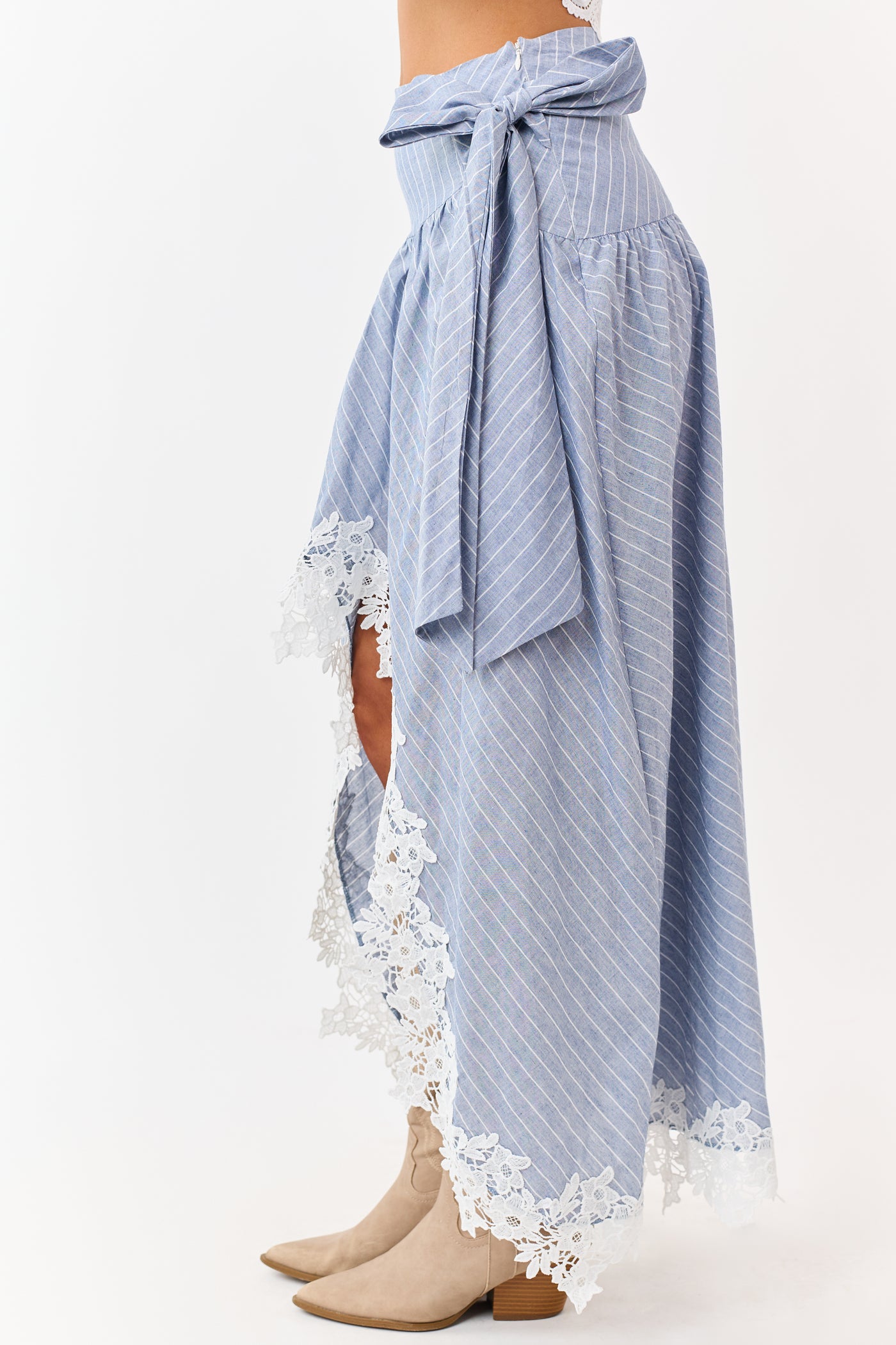 Listicle Slate Blue Striped Lace Trim Cotton Maxi Skirt