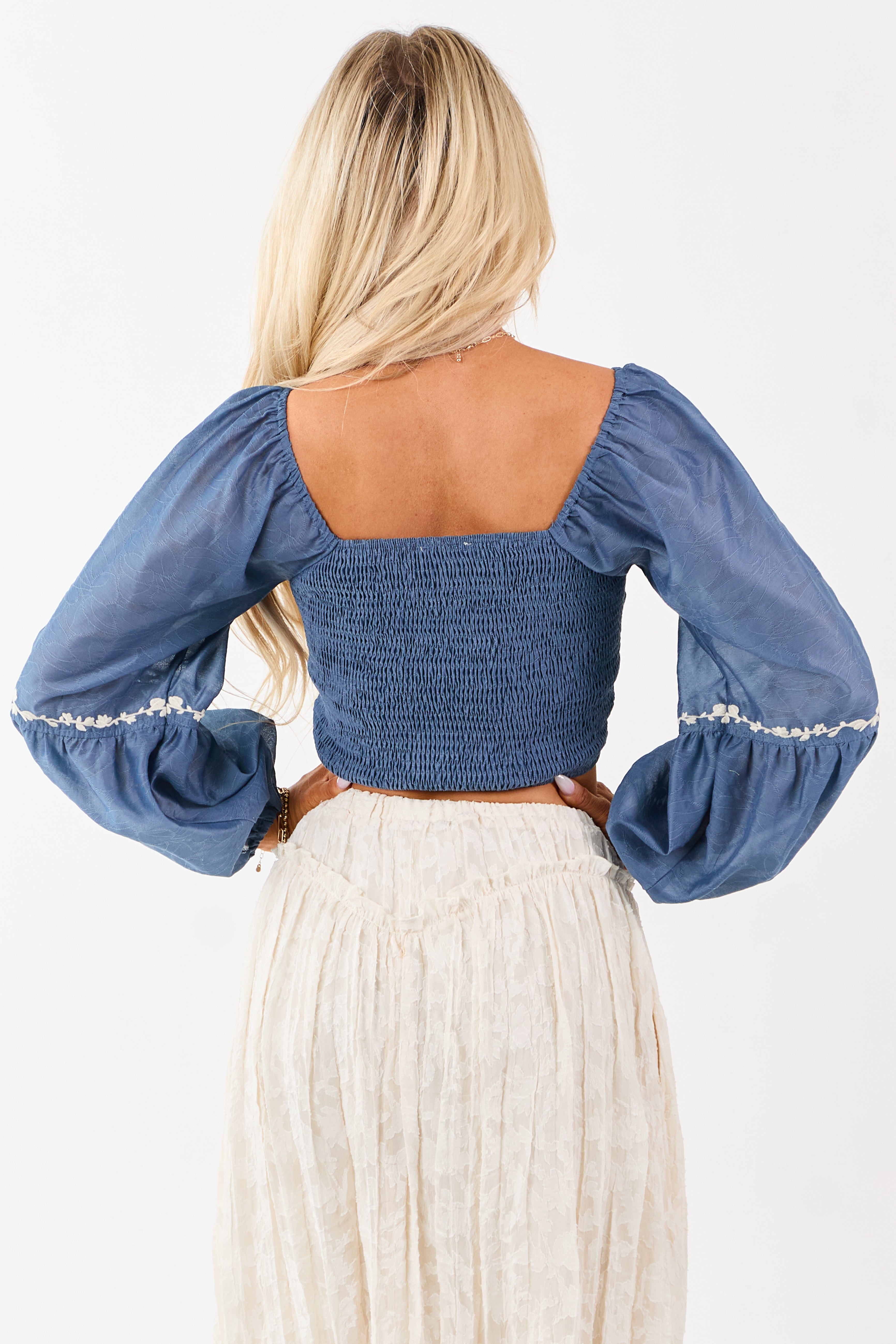 Listicle Steel Blue Embroidered Lace Up Top