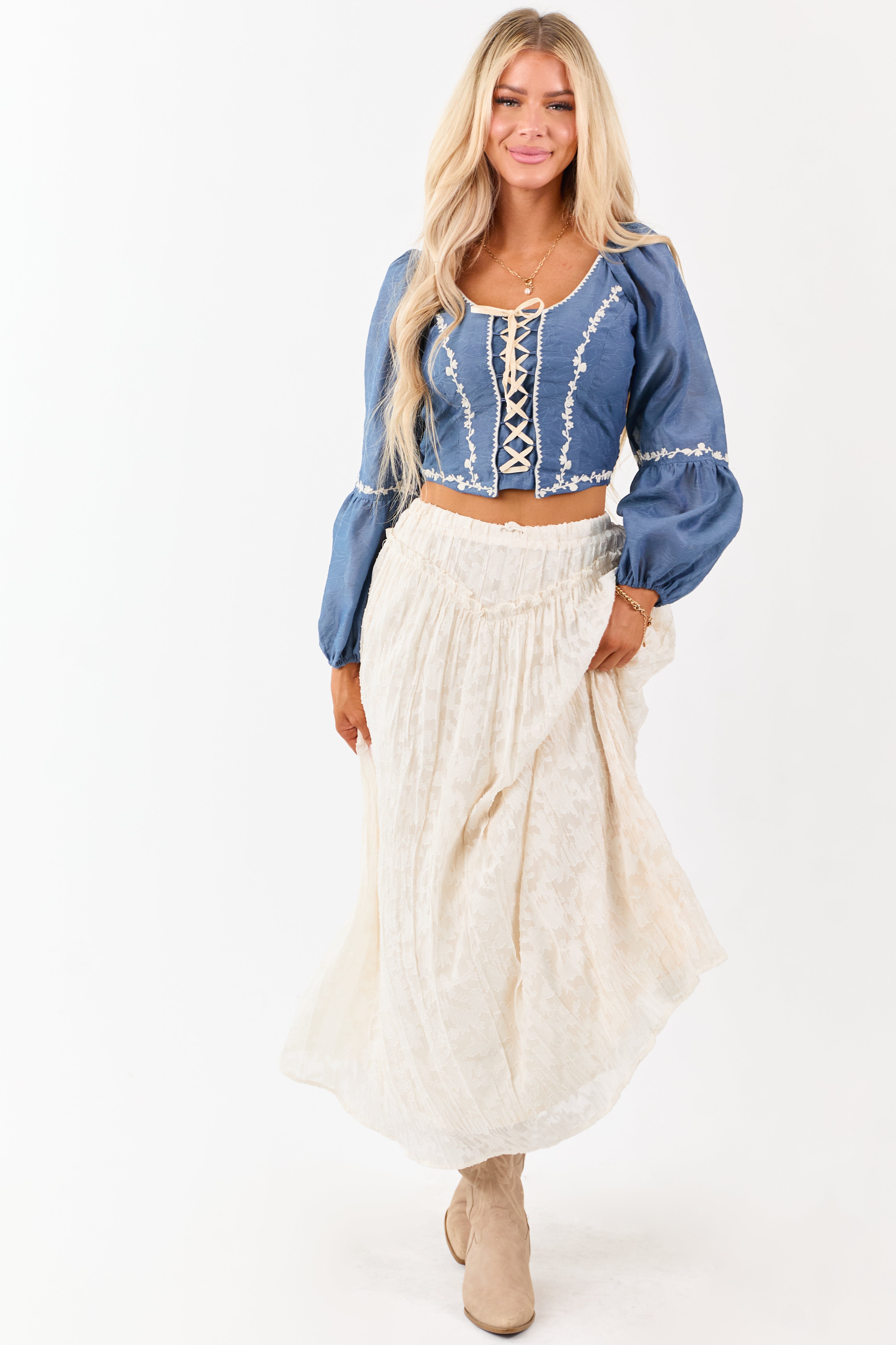 Listicle Steel Blue Embroidered Lace Up Top | Lime Lush Boutique