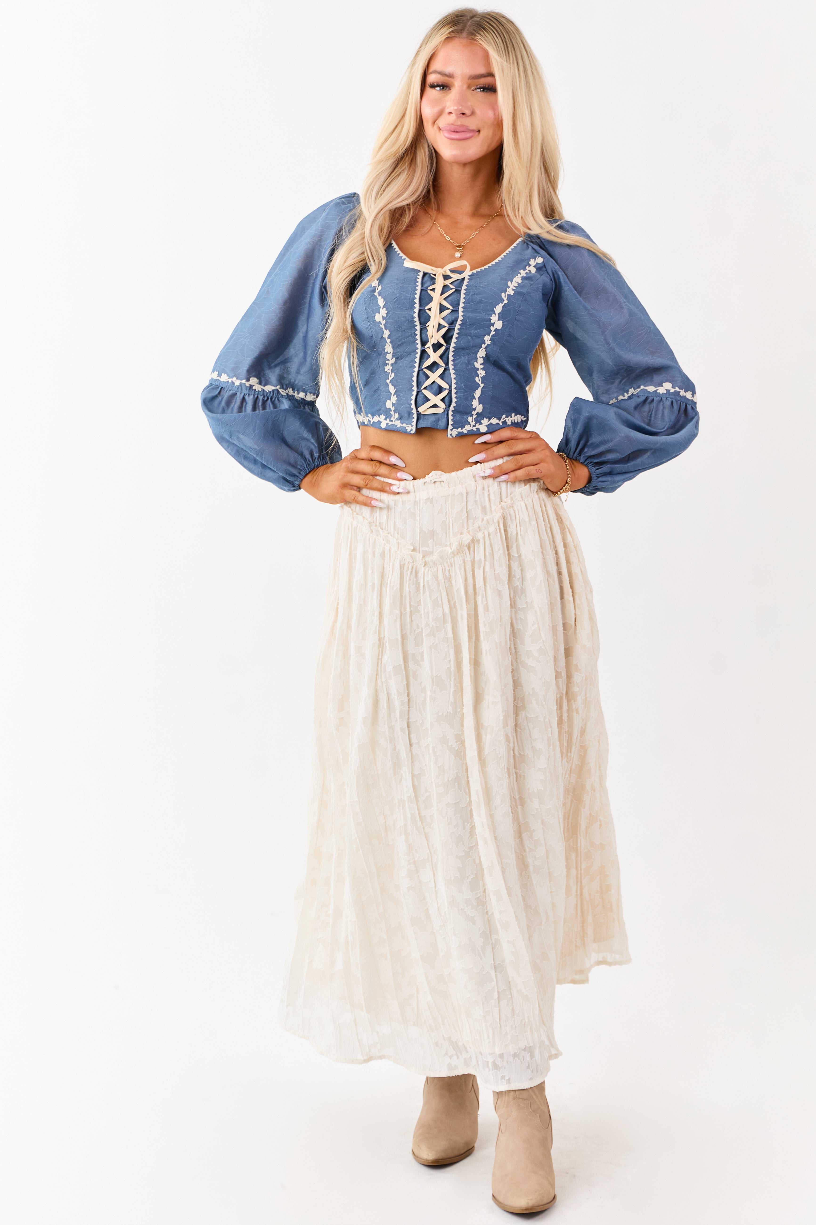 Listicle Steel Blue Embroidered Lace Up Top | Lime Lush Boutique