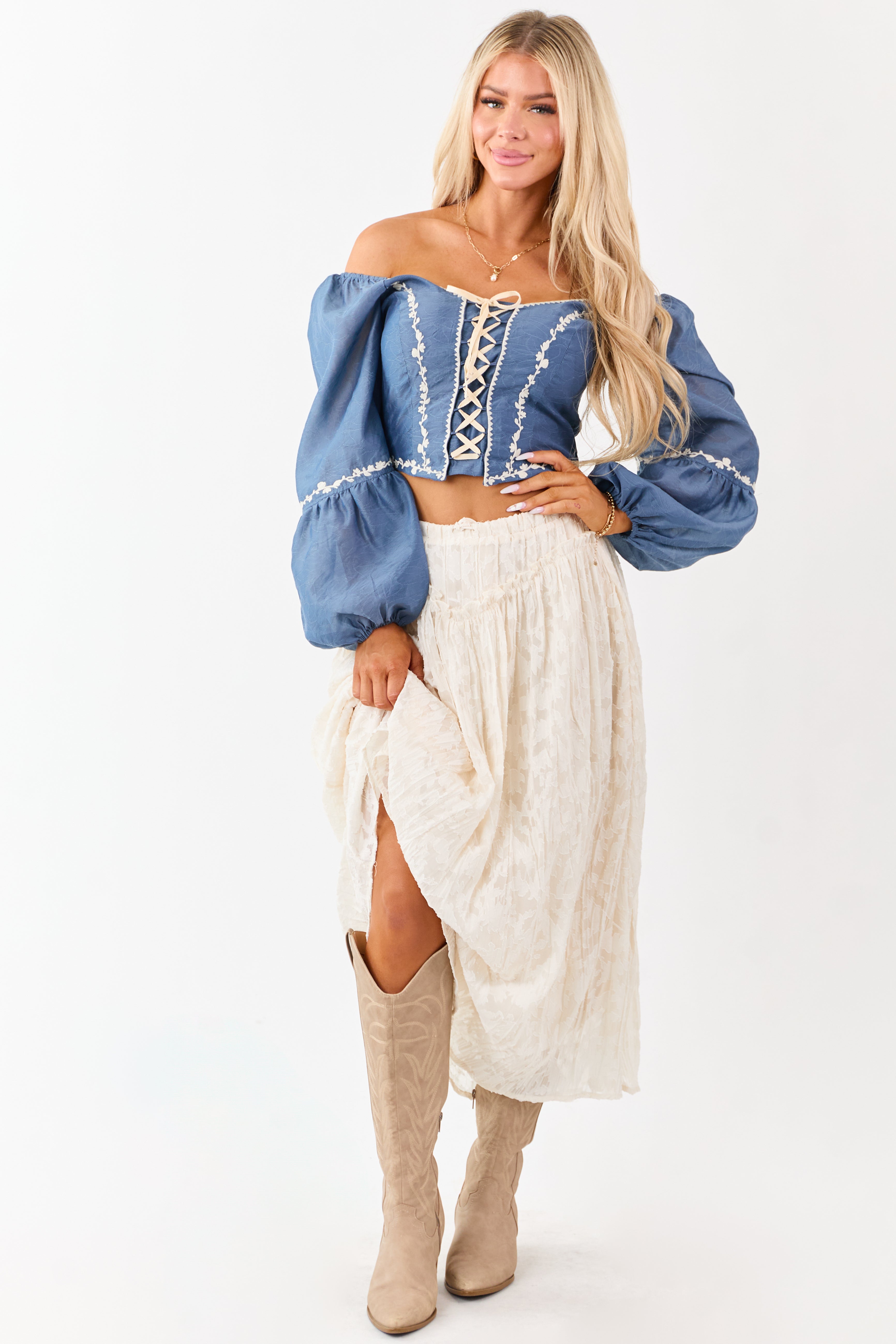 Listicle Steel Blue Embroidered Lace Up Top | Lime Lush Boutique