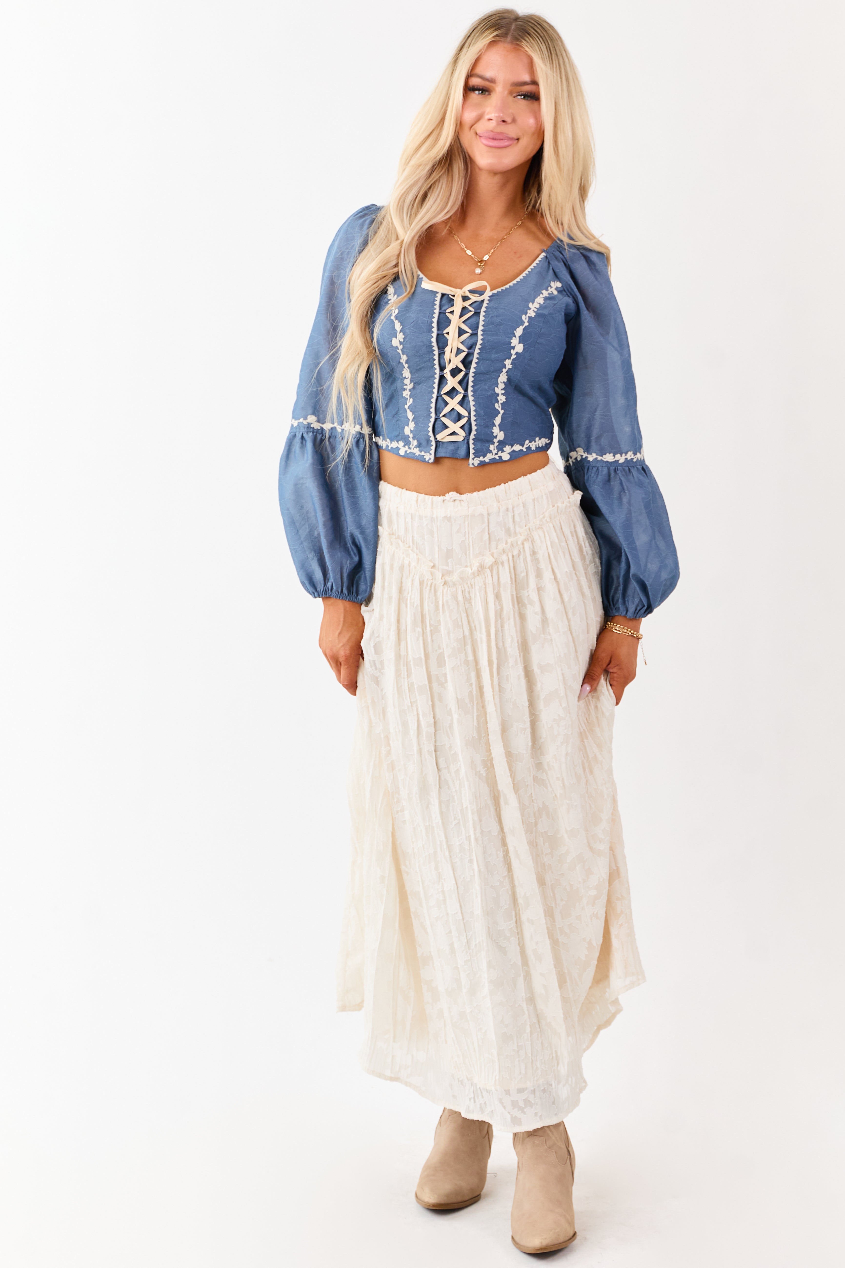 Listicle Steel Blue Embroidered Lace Up Top | Lime Lush Boutique