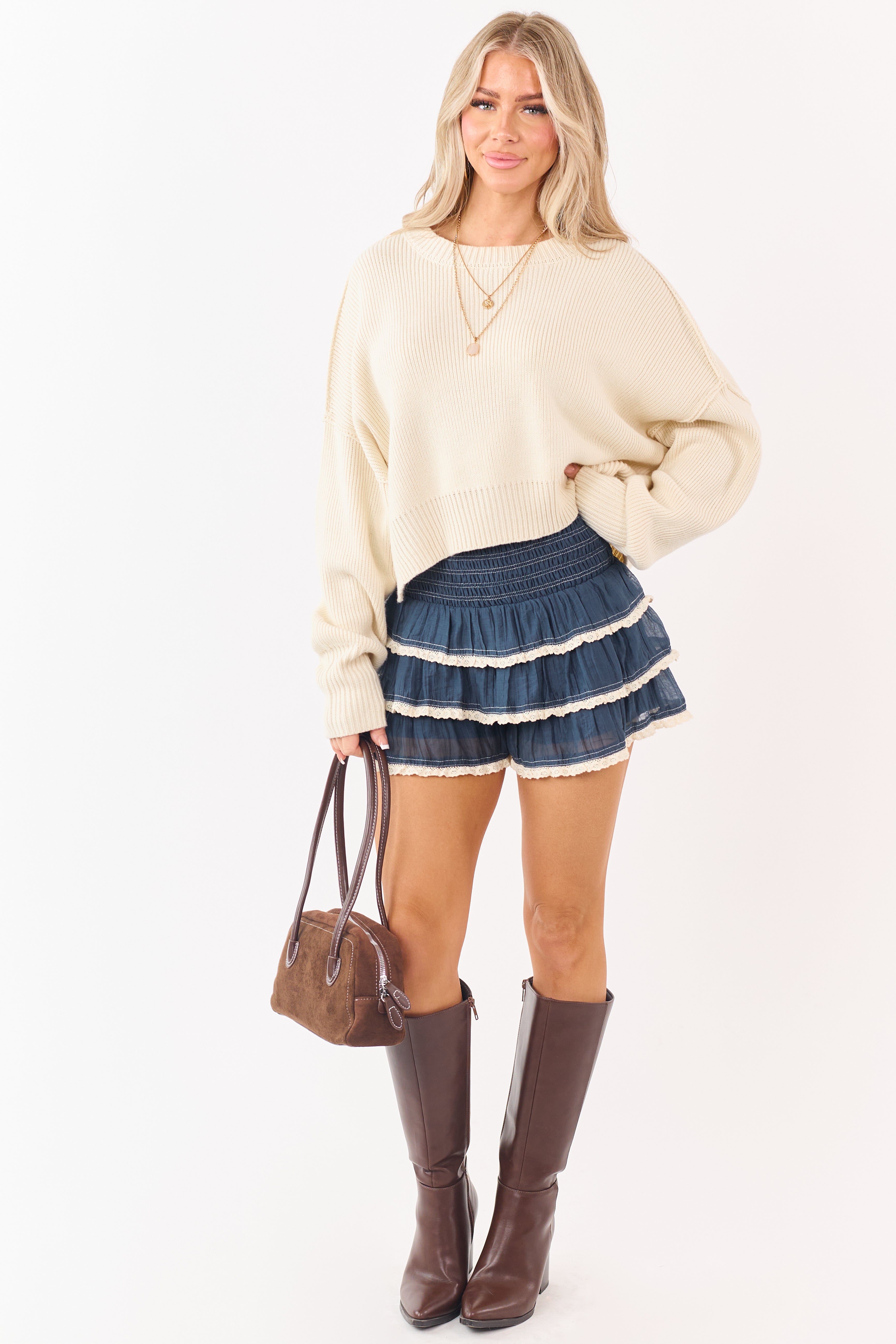 Listicle Steel Blue Smocked Lace Trim Ruffle Skort