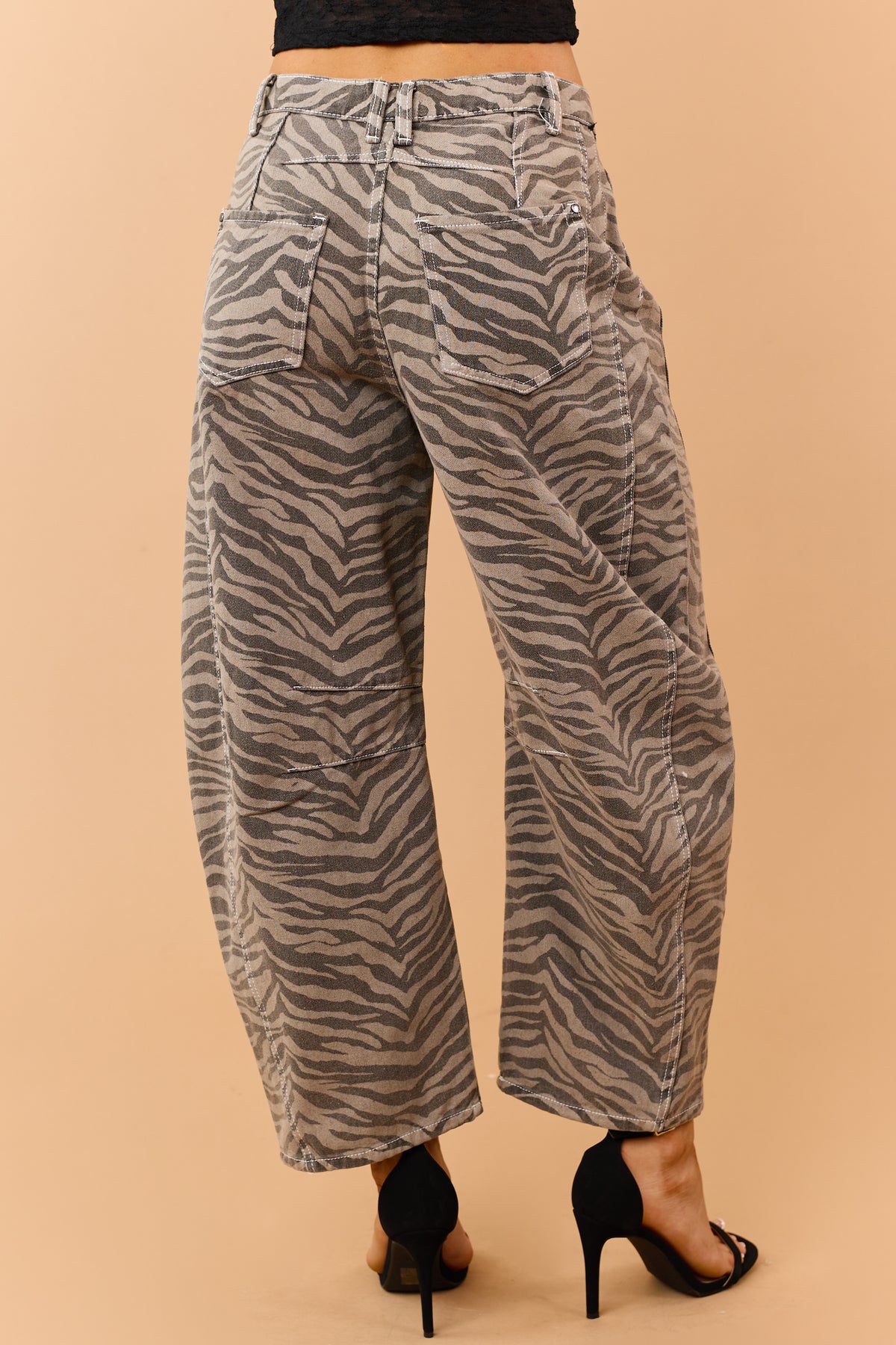 Listicle Taupe Zebra Print Slouchy Barrel Jeans