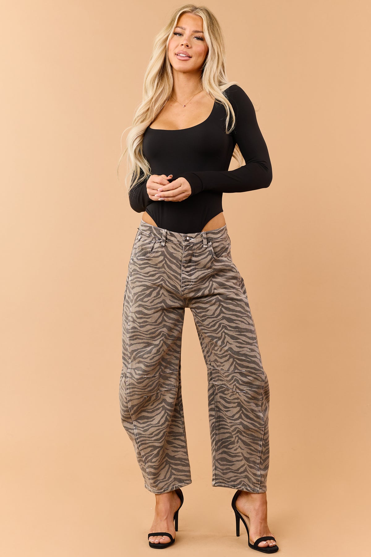 Listicle Taupe Zebra Print Slouchy Barrel Jeans