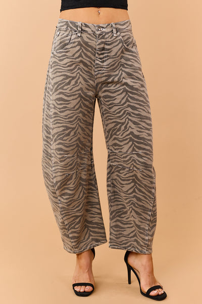 Listicle Taupe Zebra Print Slouchy Barrel Jeans