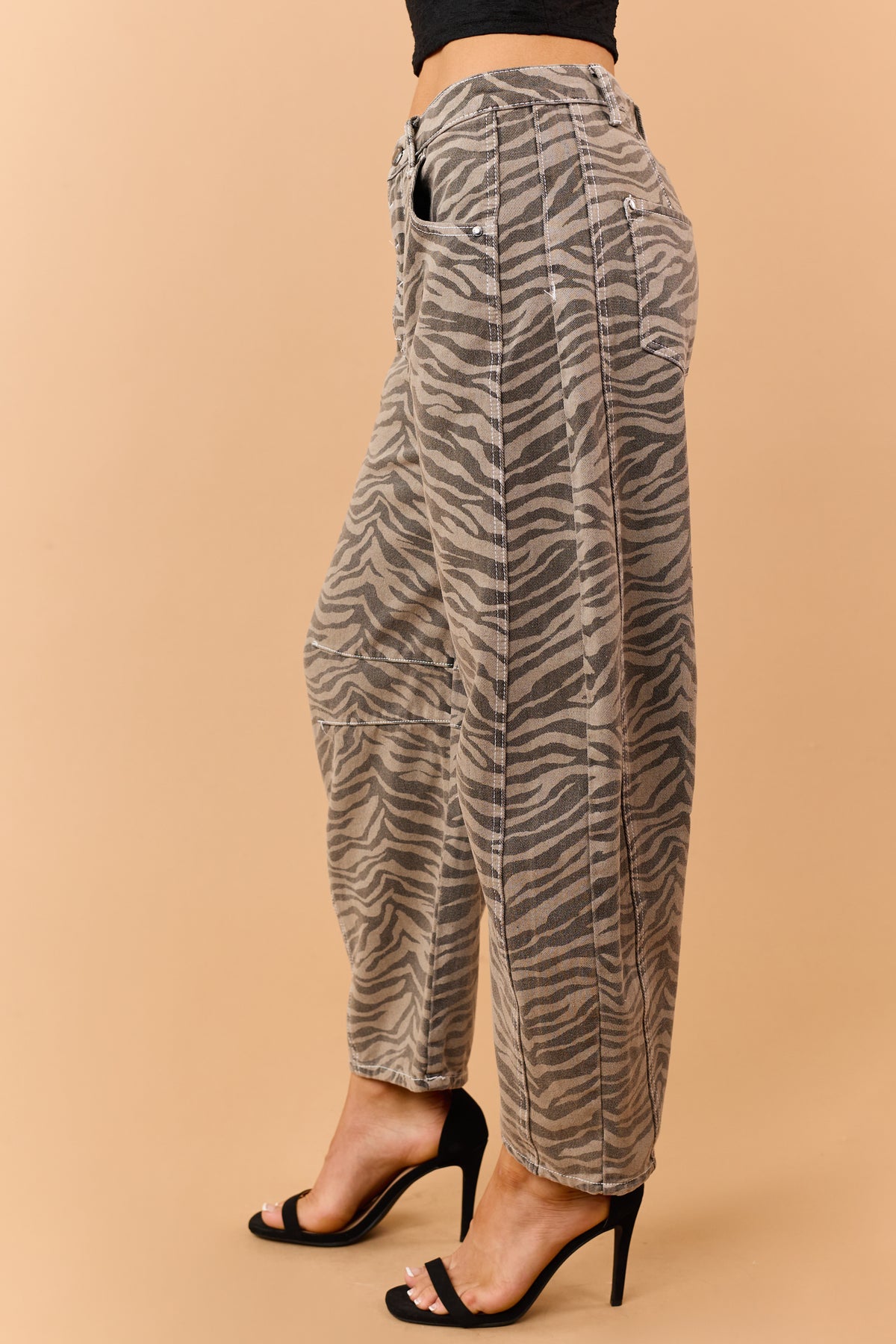 Listicle Taupe Zebra Print Slouchy Barrel Jeans