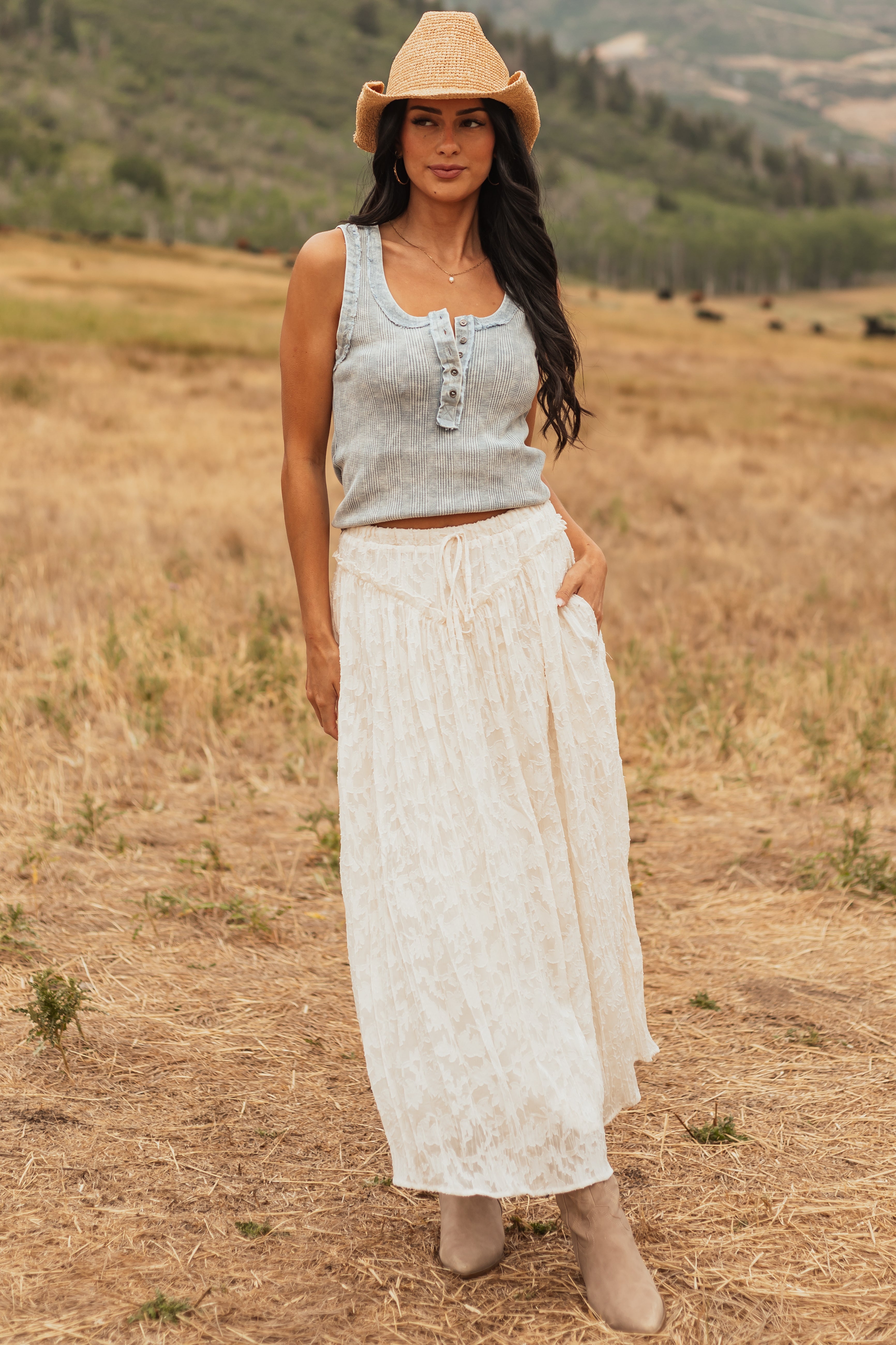 Listicle Vanilla Textured Floral Lace Maxi Skirt