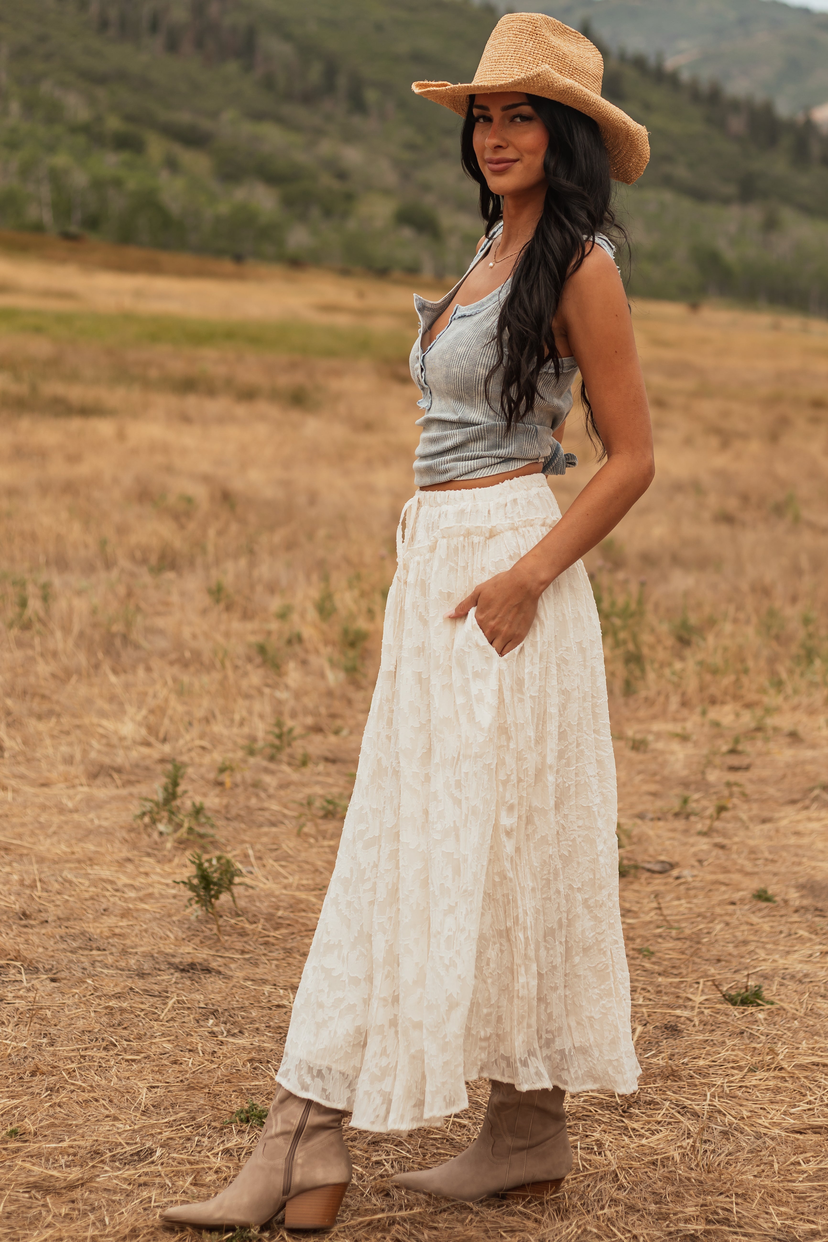 Listicle Vanilla Textured Floral Lace Maxi Skirt