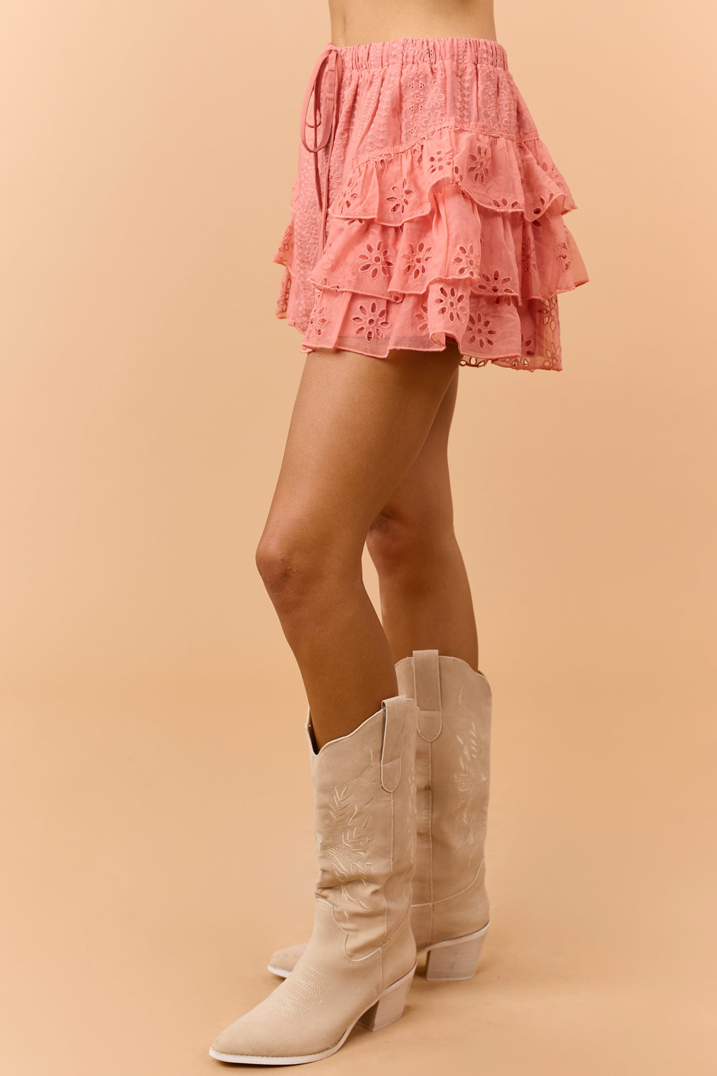 Listicle Watermelon Tiered Eyelet Ruffle Lace Shorts