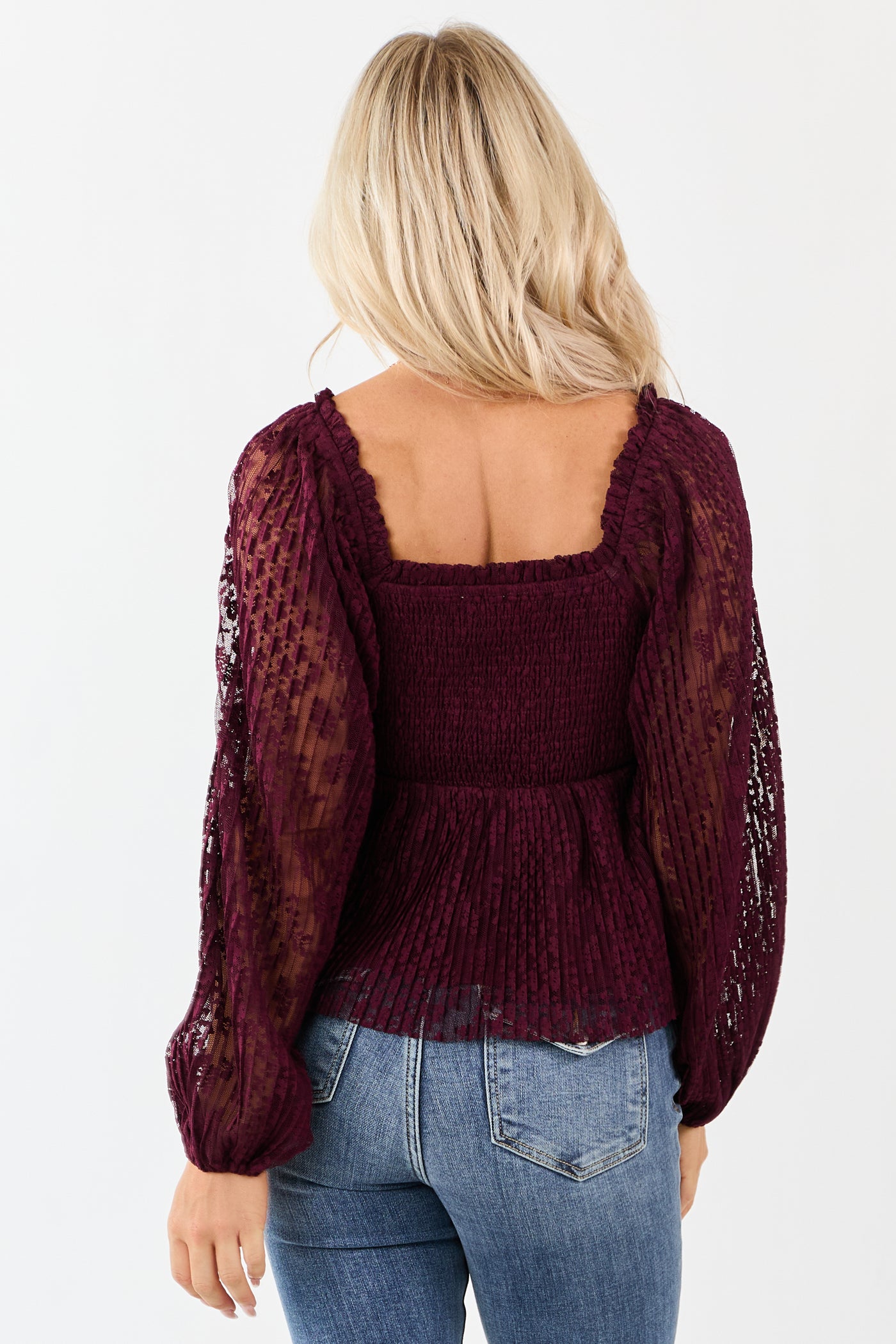 Listicle Wine Floral Lace Long Sleeve Babydoll Top