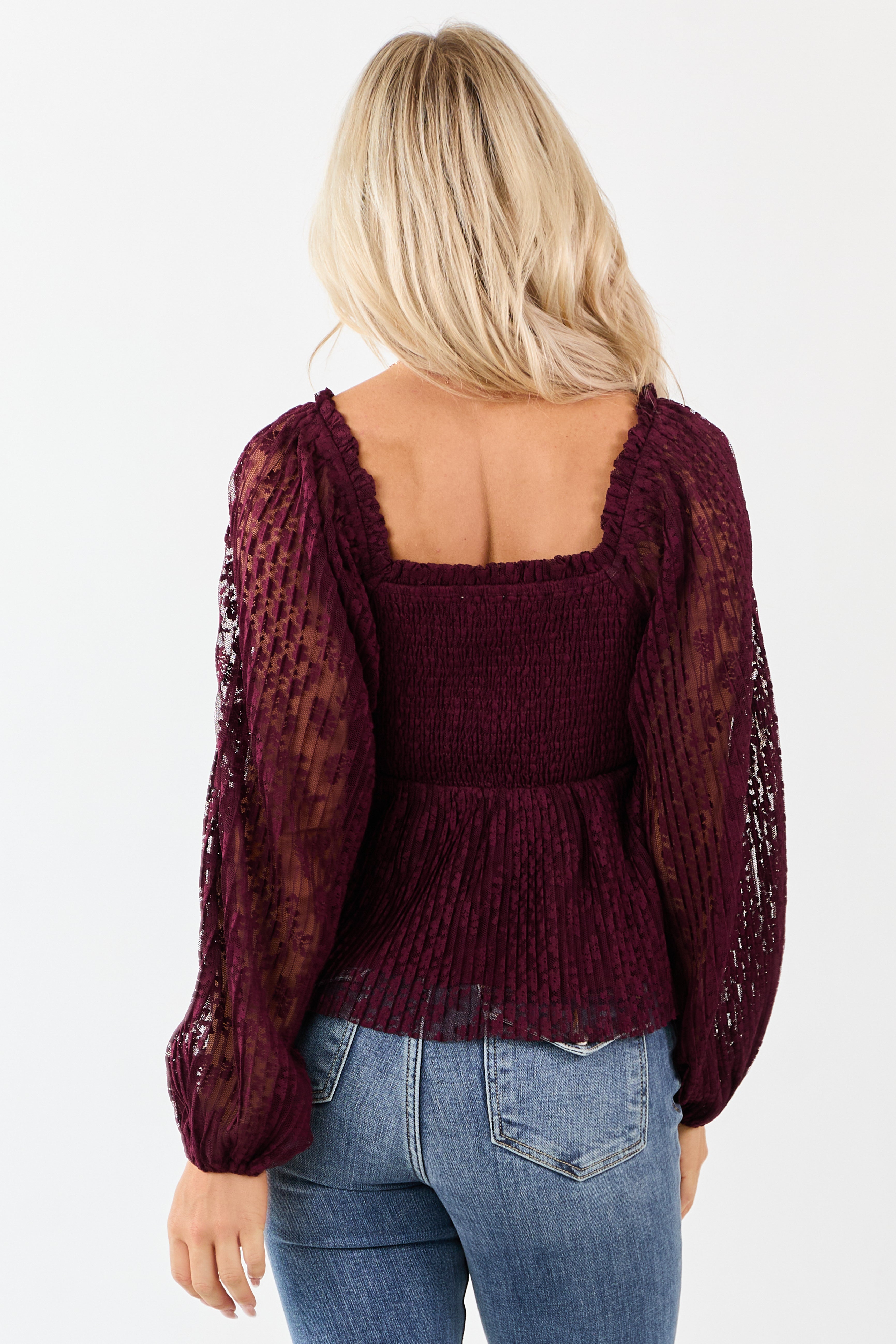 Listicle Wine Floral Lace Long Sleeve Babydoll Top
