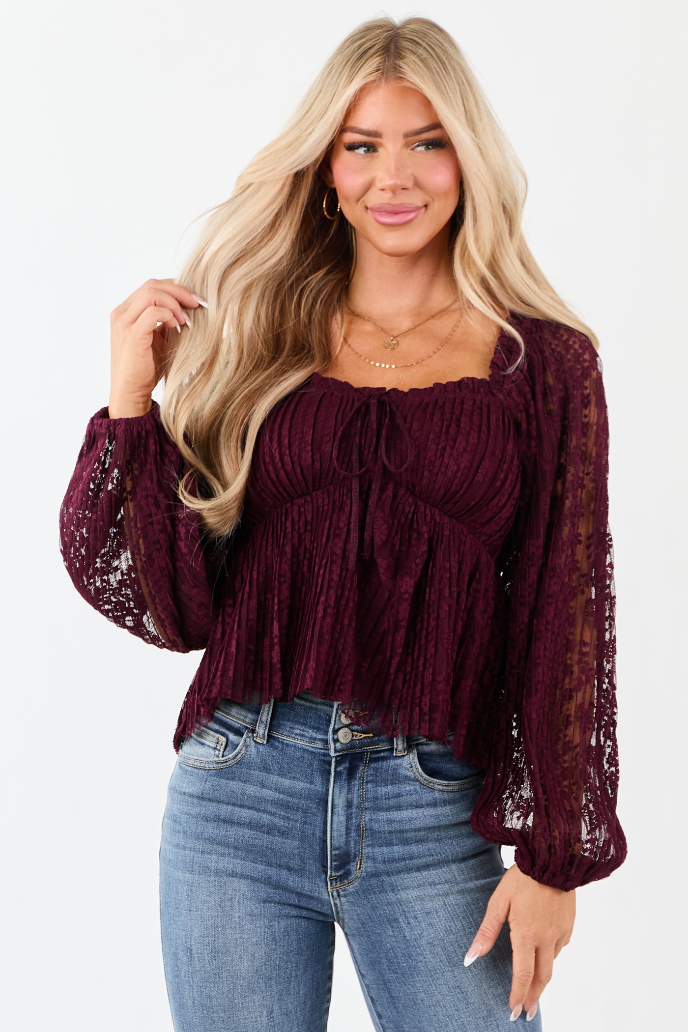 Listicle Wine Floral Lace Long Sleeve Babydoll Top