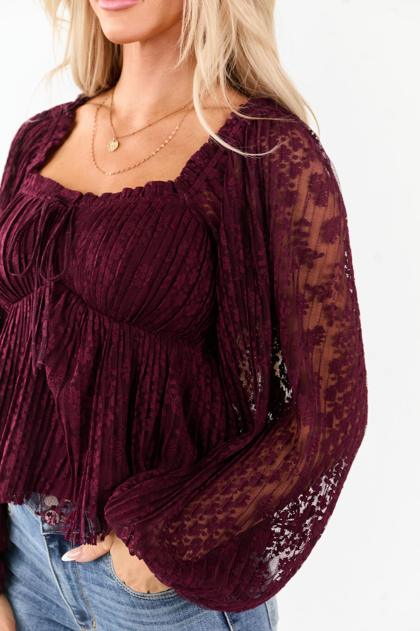 Listicle Wine Floral Lace Long Sleeve Babydoll Top