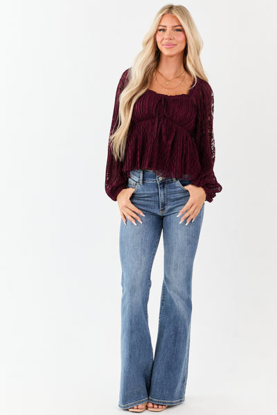 Listicle Wine Floral Lace Long Sleeve Babydoll Top