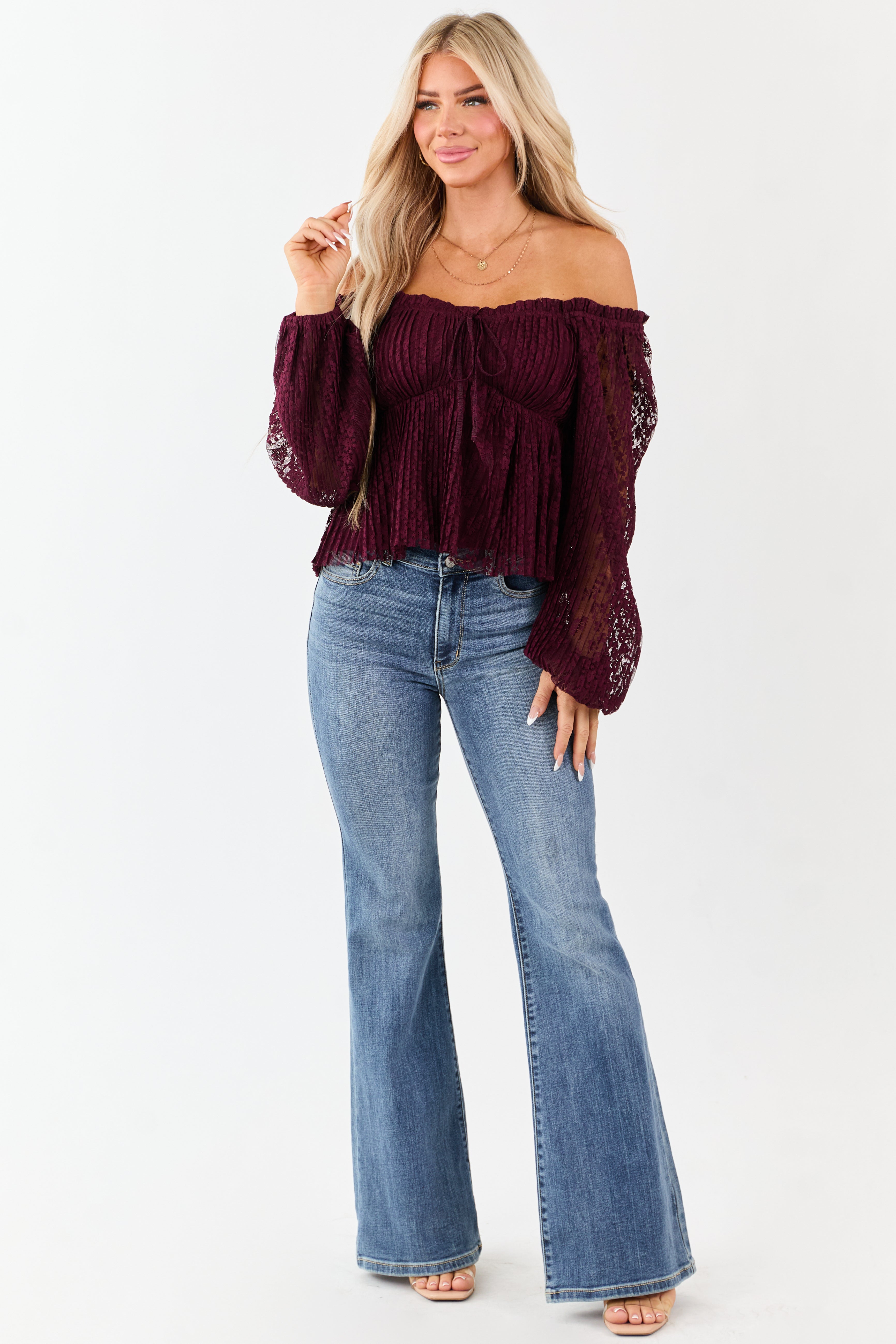 Listicle Wine Floral Lace Long Sleeve Babydoll Top