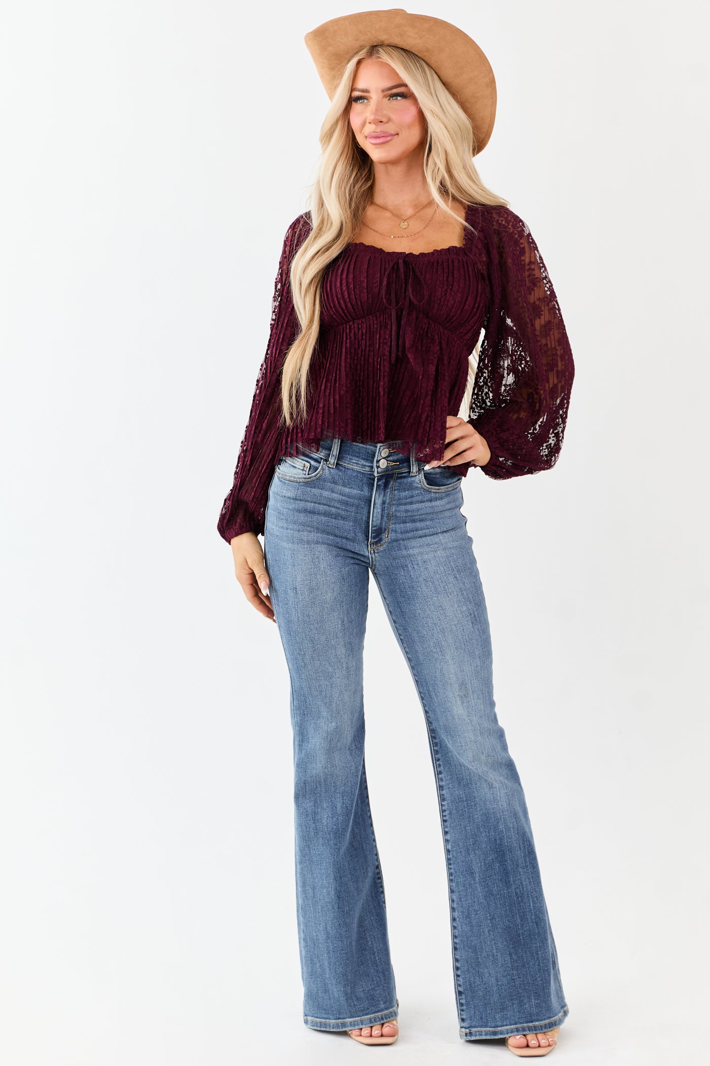 Listicle Wine Floral Lace Long Sleeve Babydoll Top
