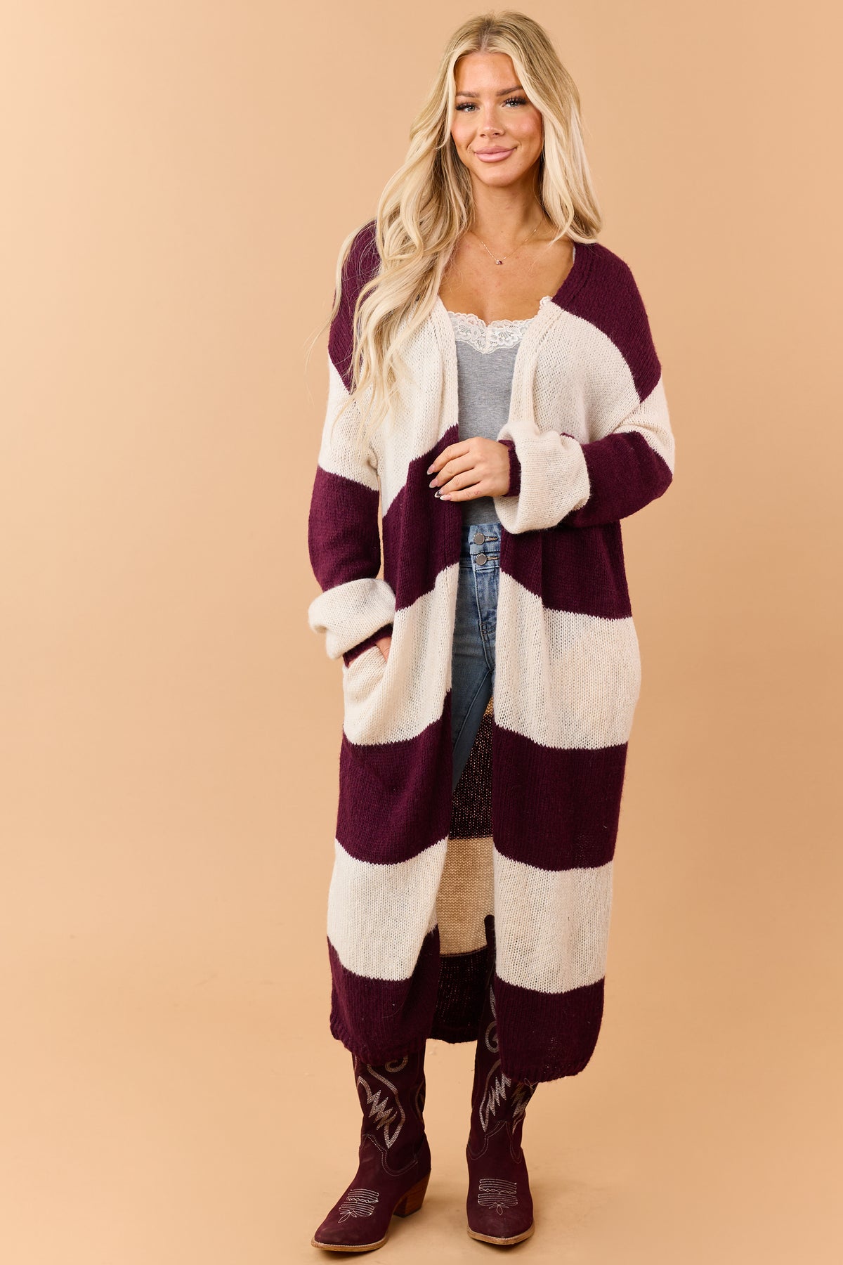 Listicle Wine Striped Open Front Duster Cardigan