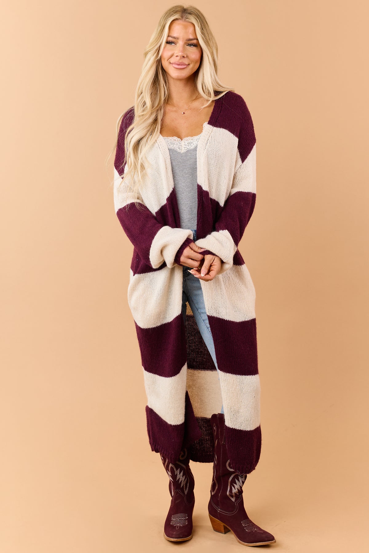 Listicle Wine Striped Open Front Duster Cardigan
