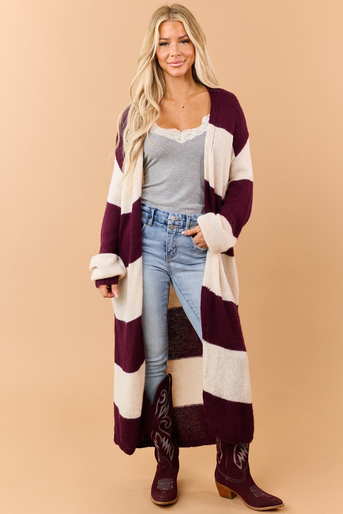 Listicle Wine Striped Open Front Duster Cardigan