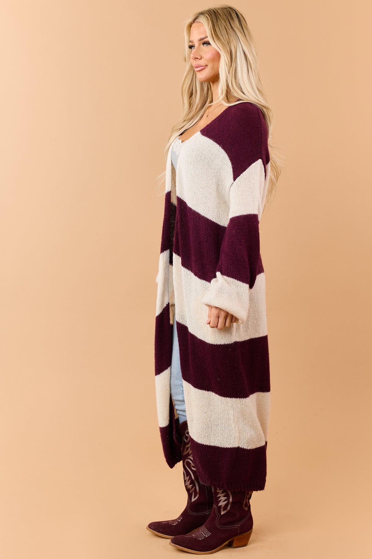 Listicle Wine Striped Open Front Duster Cardigan