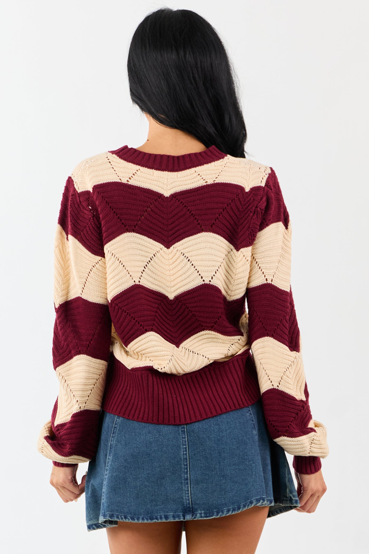 Listicle Wine Wavy Striped Open Knit Sweater