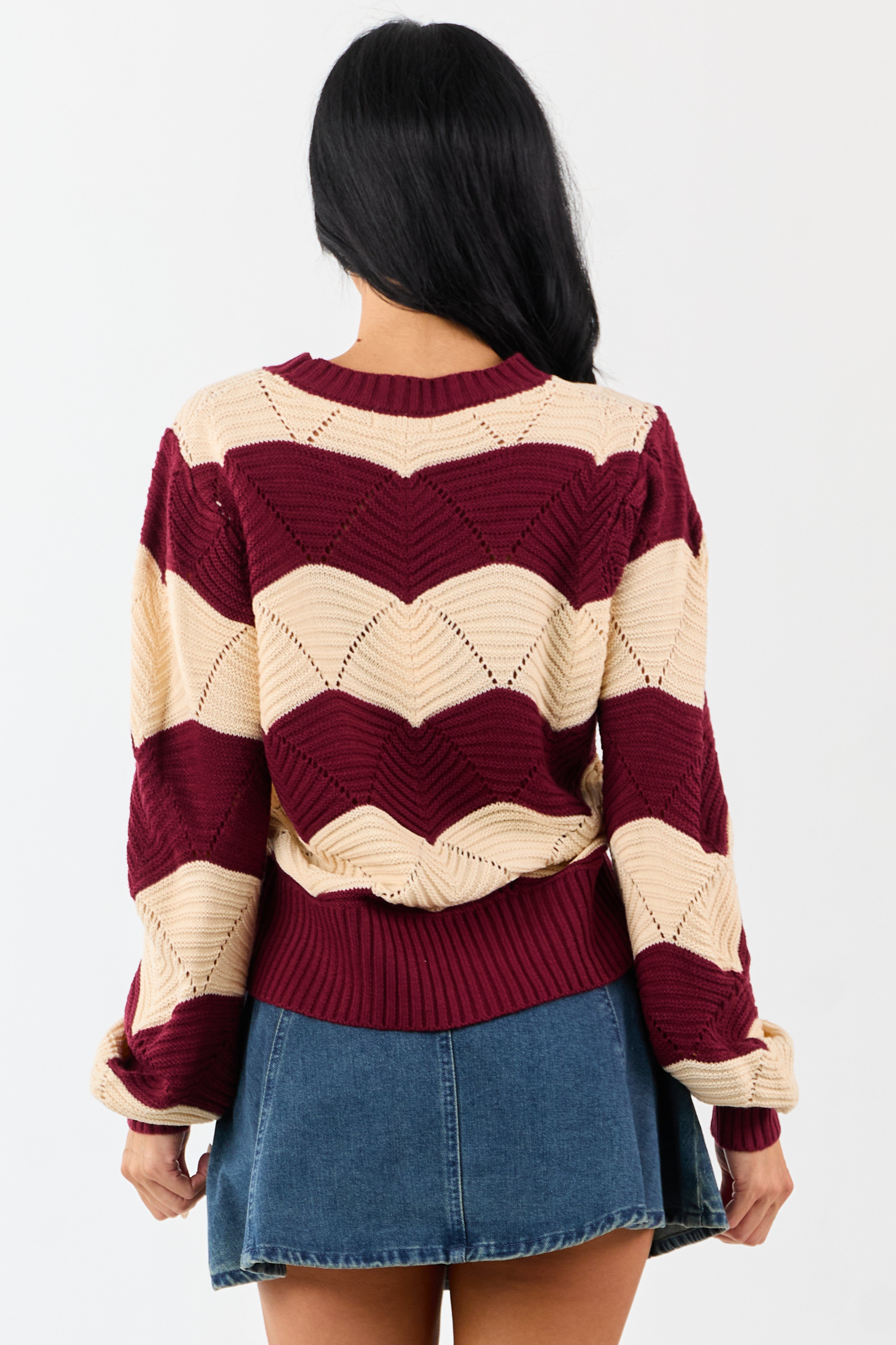 Listicle Wine Wavy Striped Open Knit Sweater