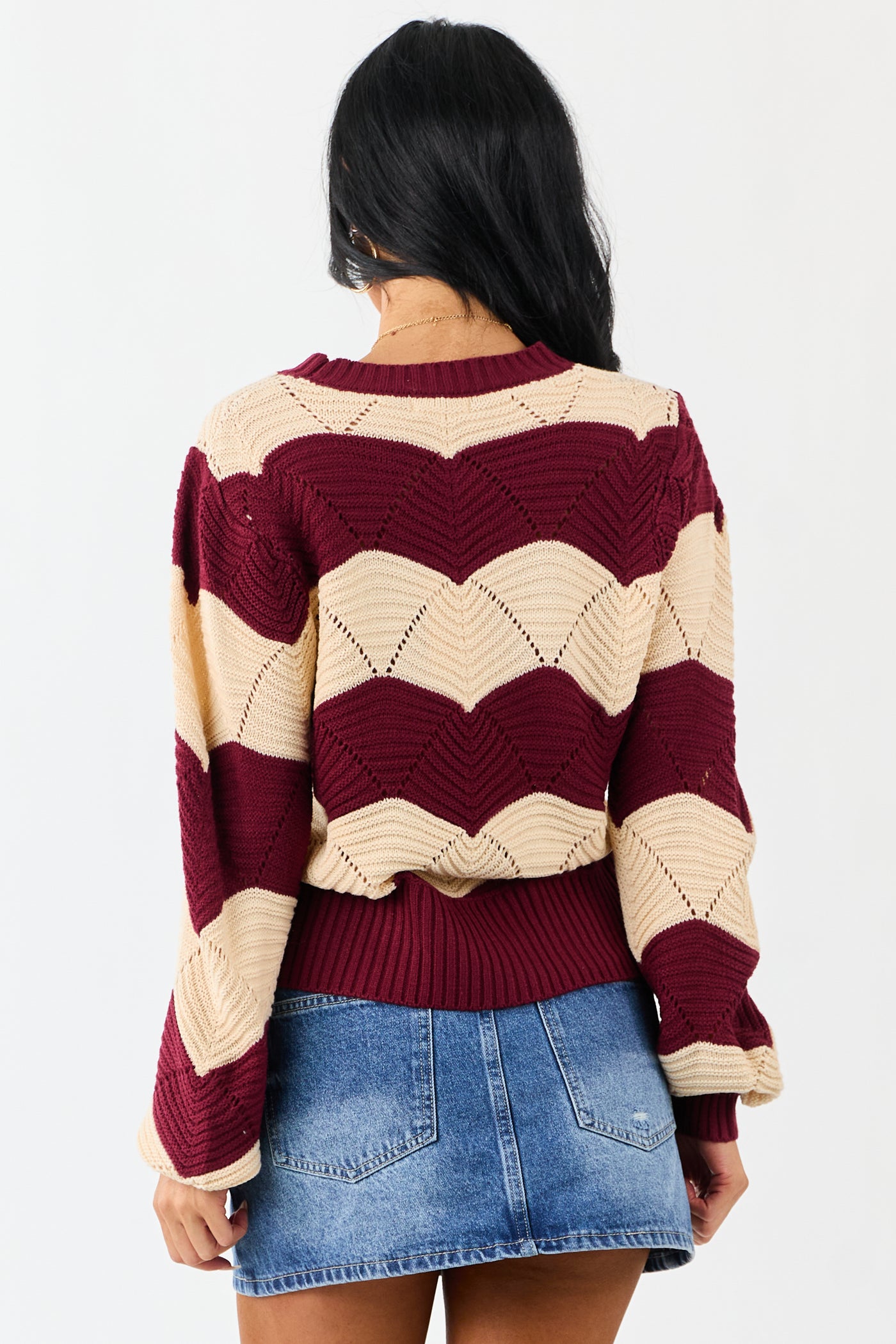 Listicle Wine Wavy Striped Open Knit Sweater