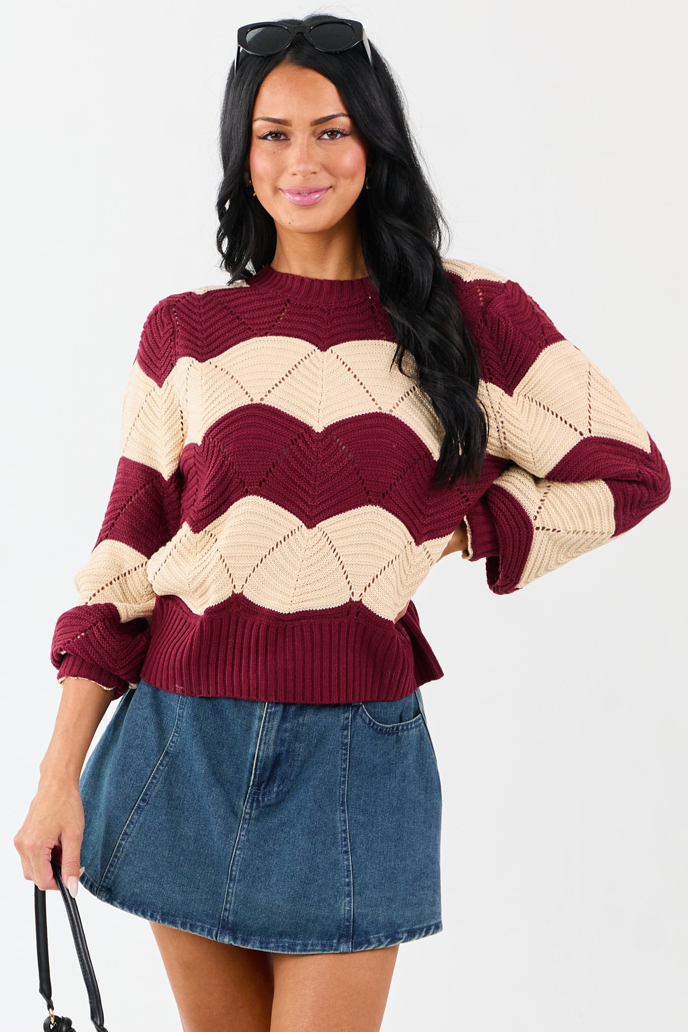 Listicle Wine Wavy Striped Open Knit Sweater