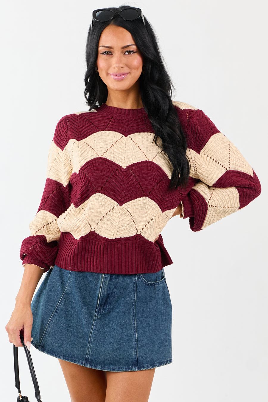 Listicle Wine Wavy Striped Open Knit Sweater