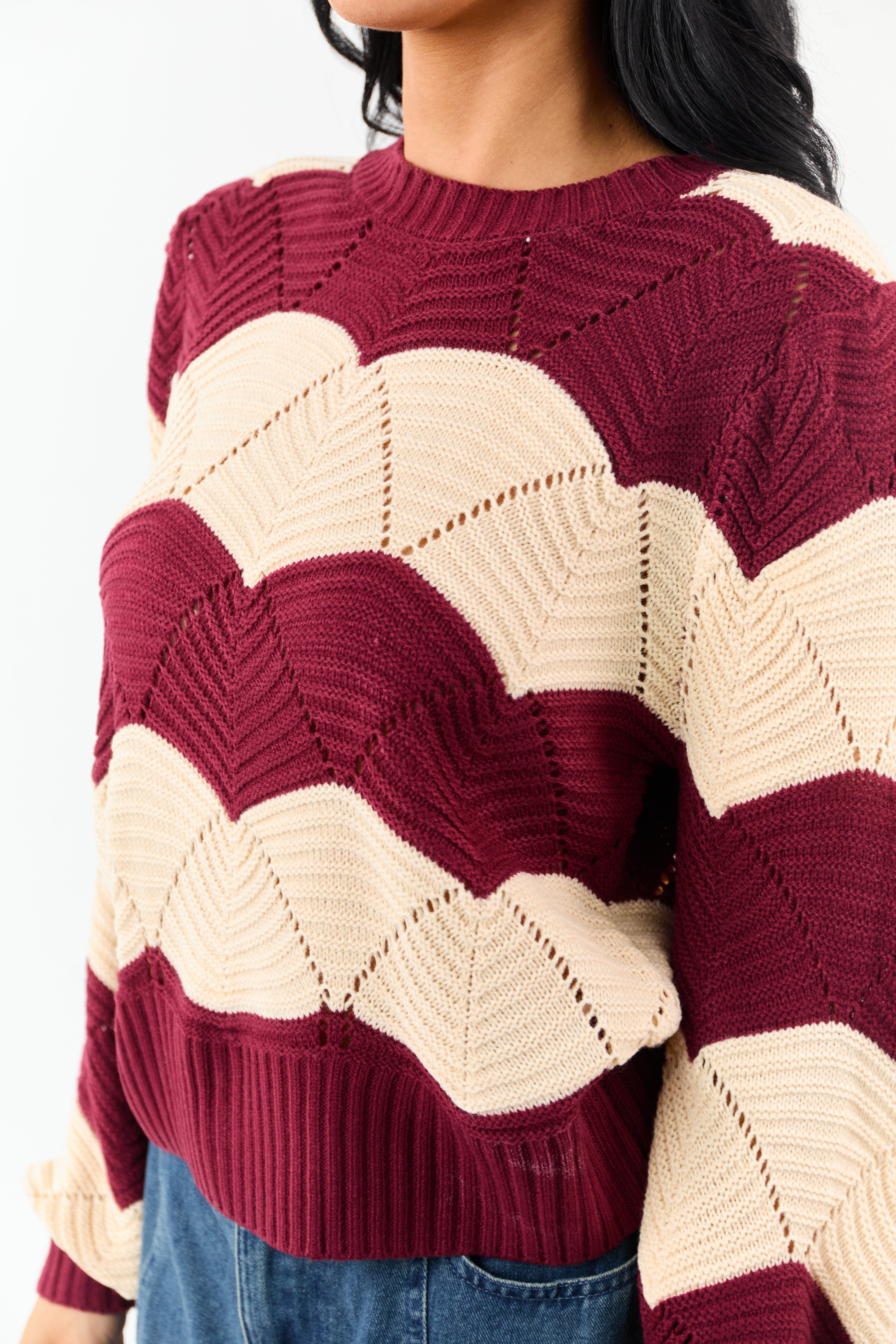 Listicle Wine Wavy Striped Open Knit Sweater
