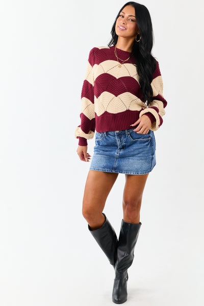 Listicle Wine Wavy Striped Open Knit Sweater