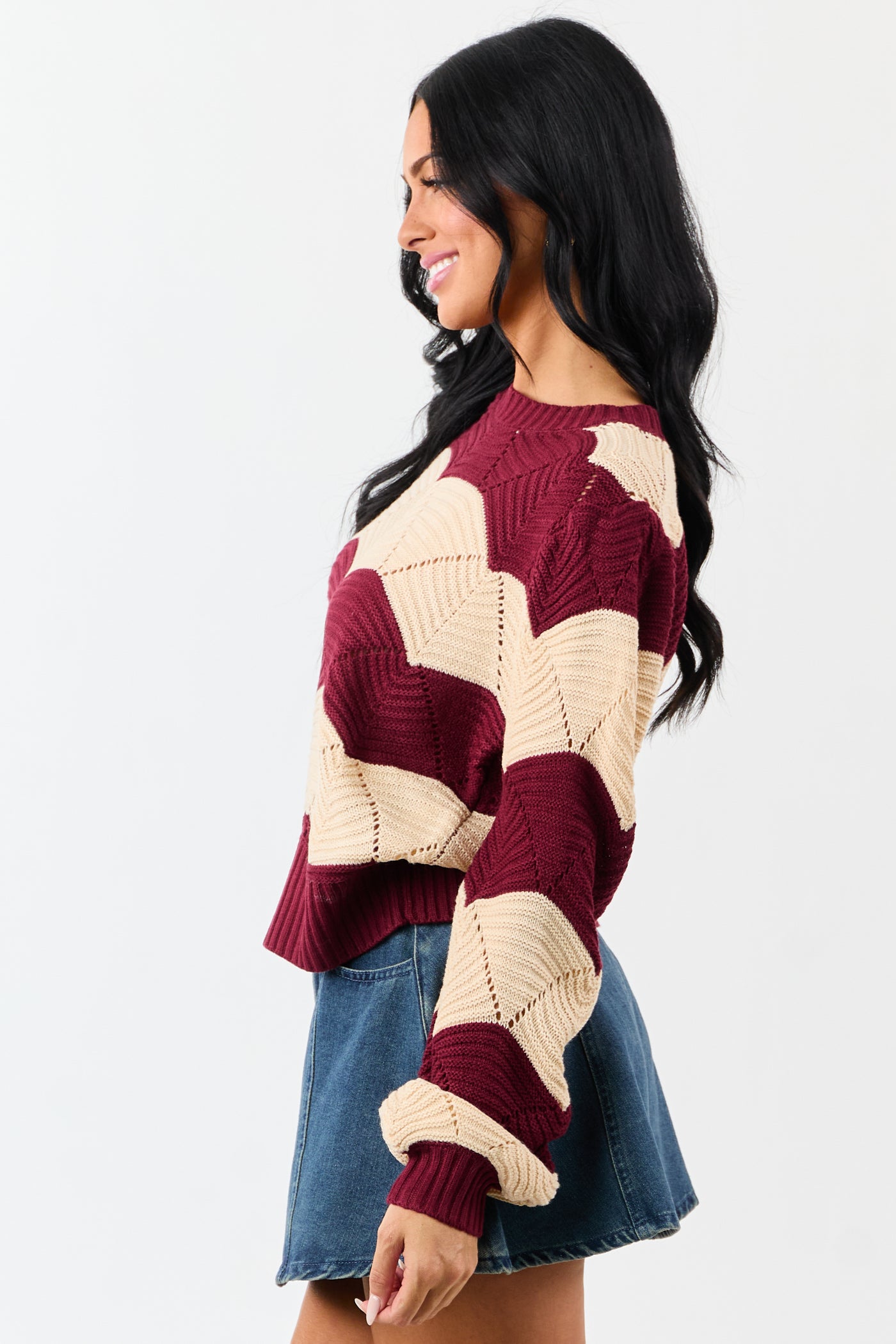 Listicle Wine Wavy Striped Open Knit Sweater