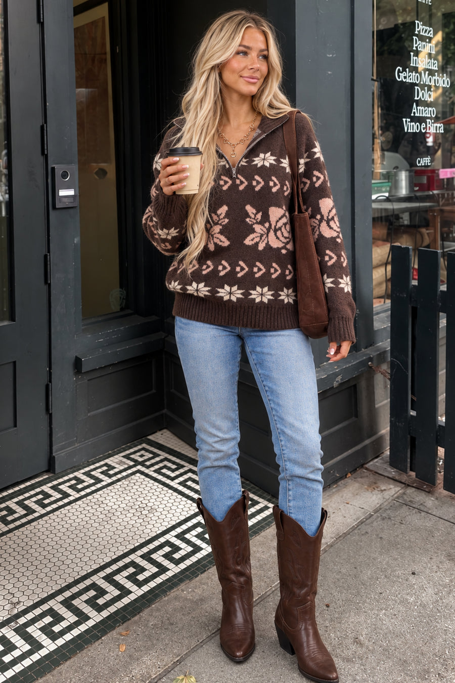 Listicle Chocolate Fair Isle Quarter Zip Sweater