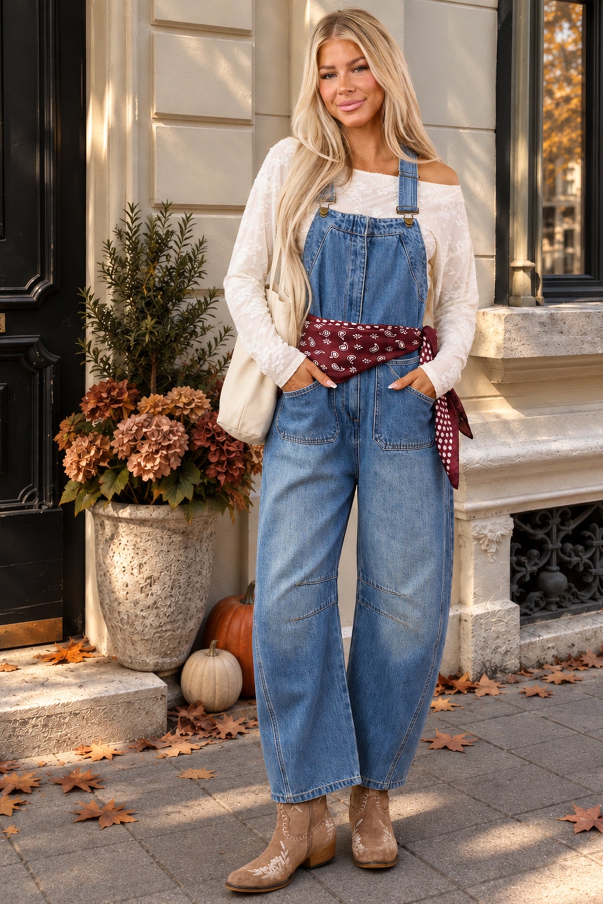 Listicle Medium Wash Denim Relaxed Barrel Overalls