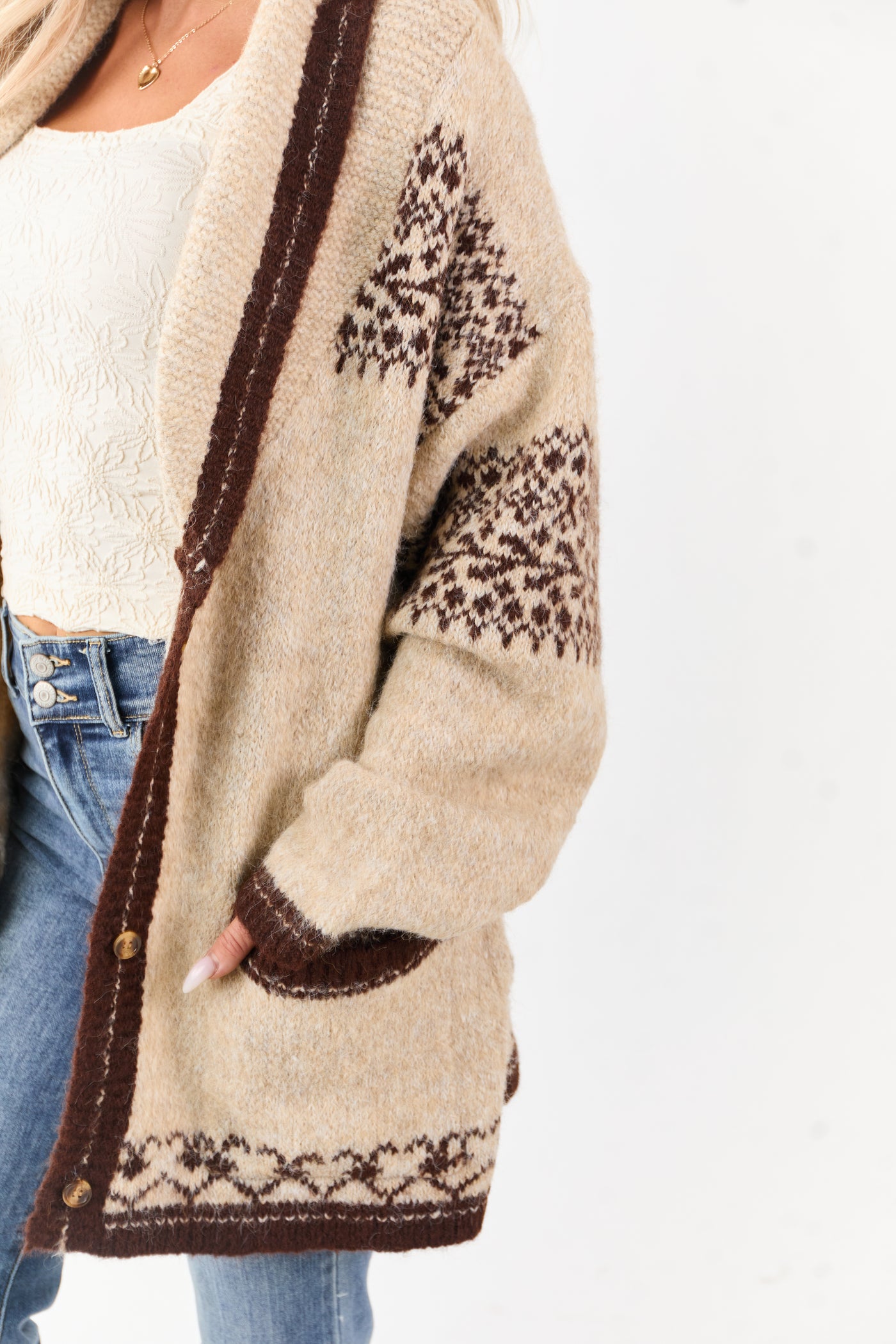 Lovelo Almond Fair Isle Print Wool Blend Cardigan