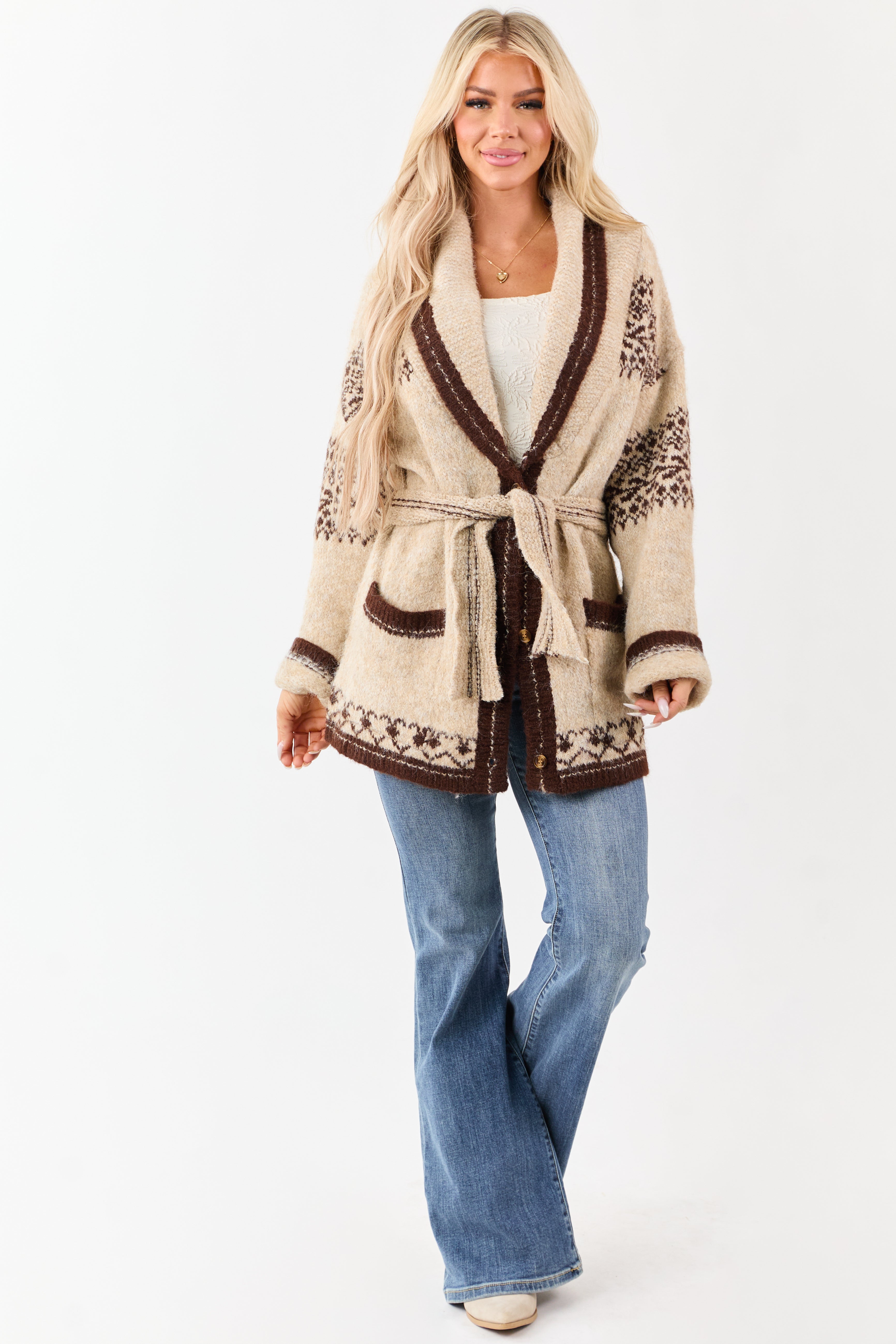 Lovelo Almond Fair Isle Print Wool Blend Cardigan