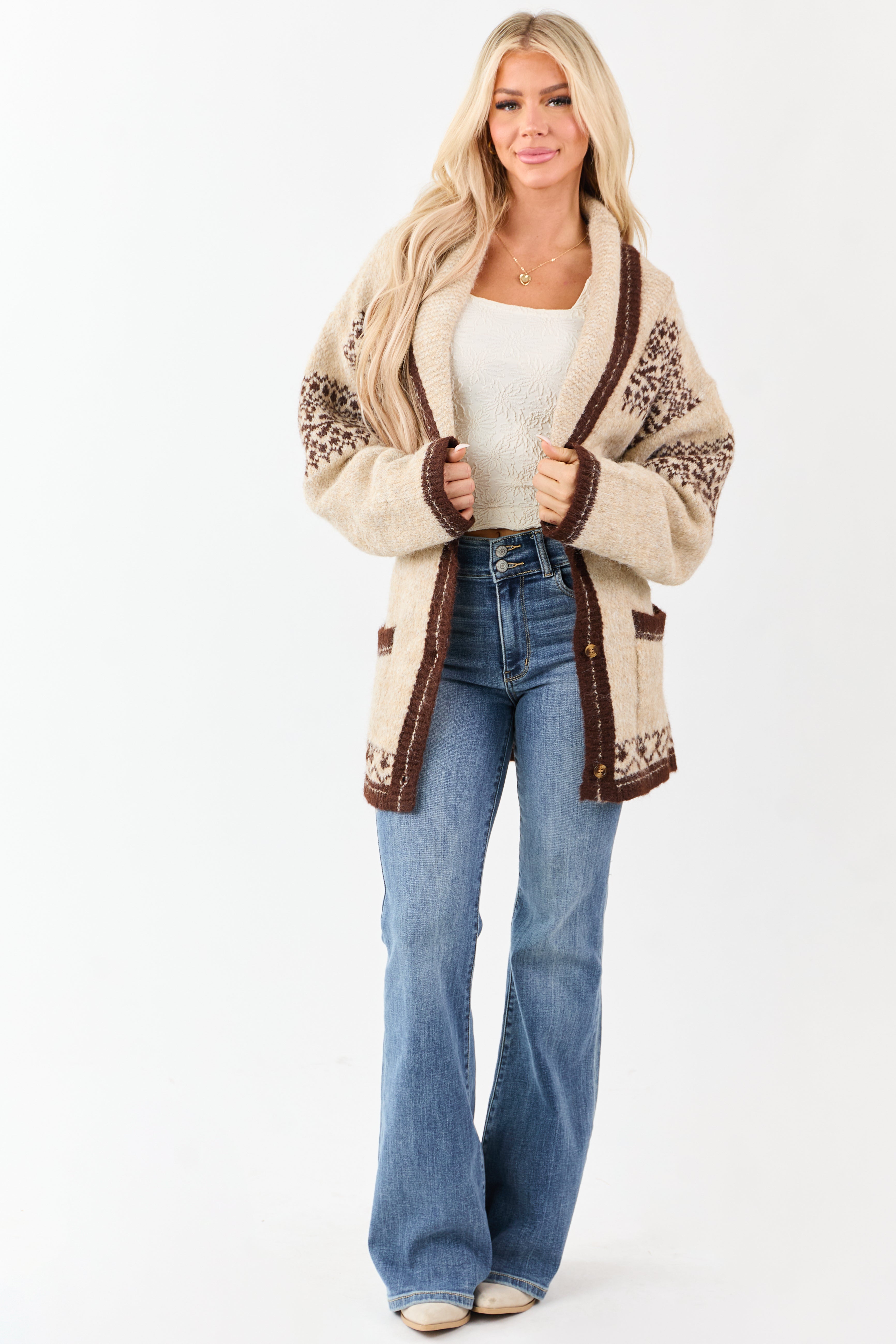 Lovelo Almond Fair Isle Print Wool Blend Cardigan