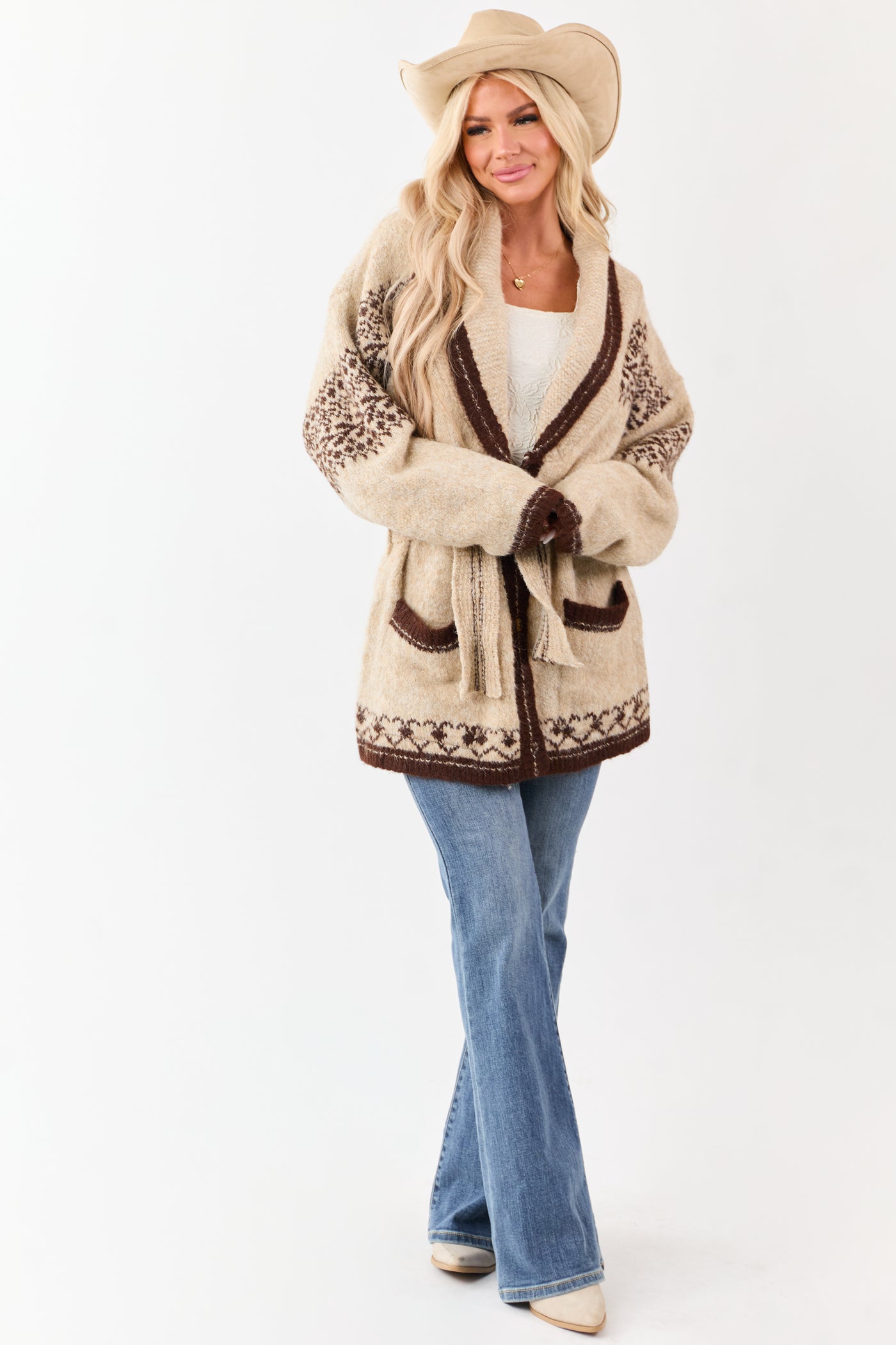 Lovelo Almond Fair Isle Print Wool Blend Cardigan