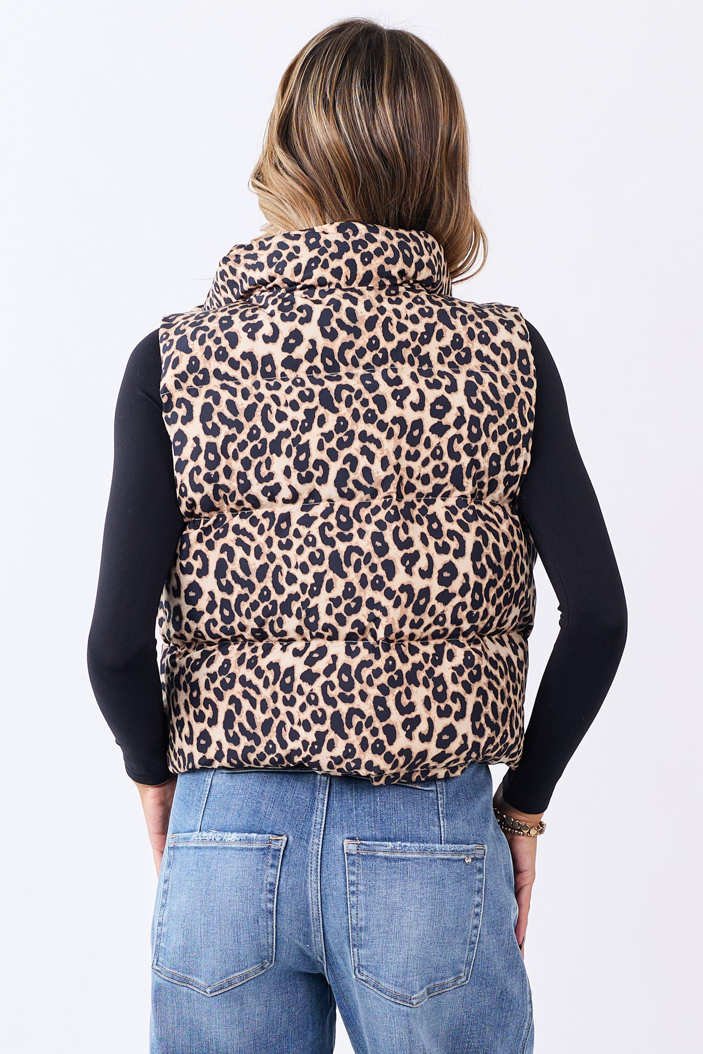 Lovelo Almond Leopard Print Zip Up Puffer Vest
