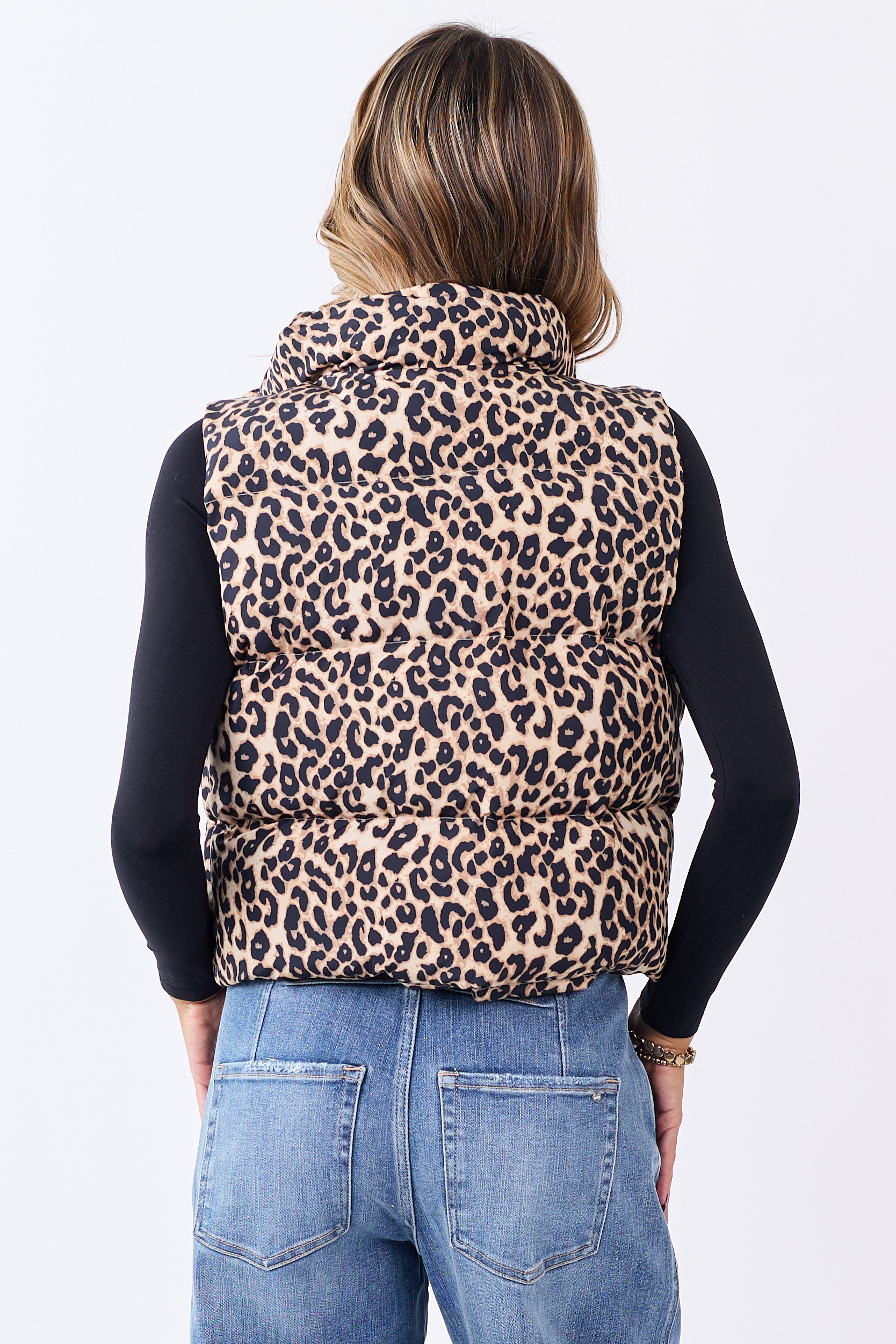 Lovelo Almond Leopard Print Zip Up Puffer Vest